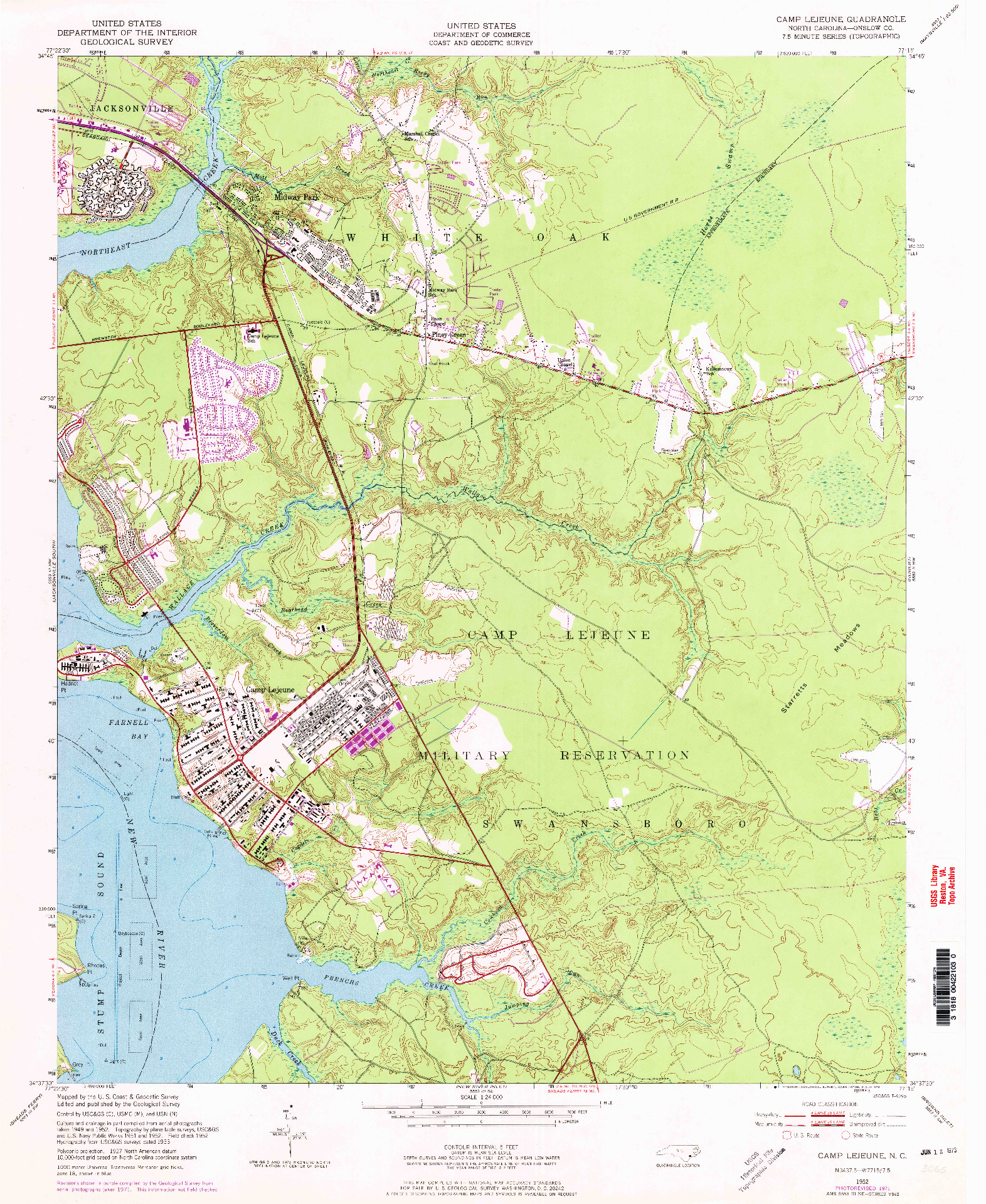 USGS 1:24000-SCALE QUADRANGLE FOR CAMP LEJEUNE, NC 1952