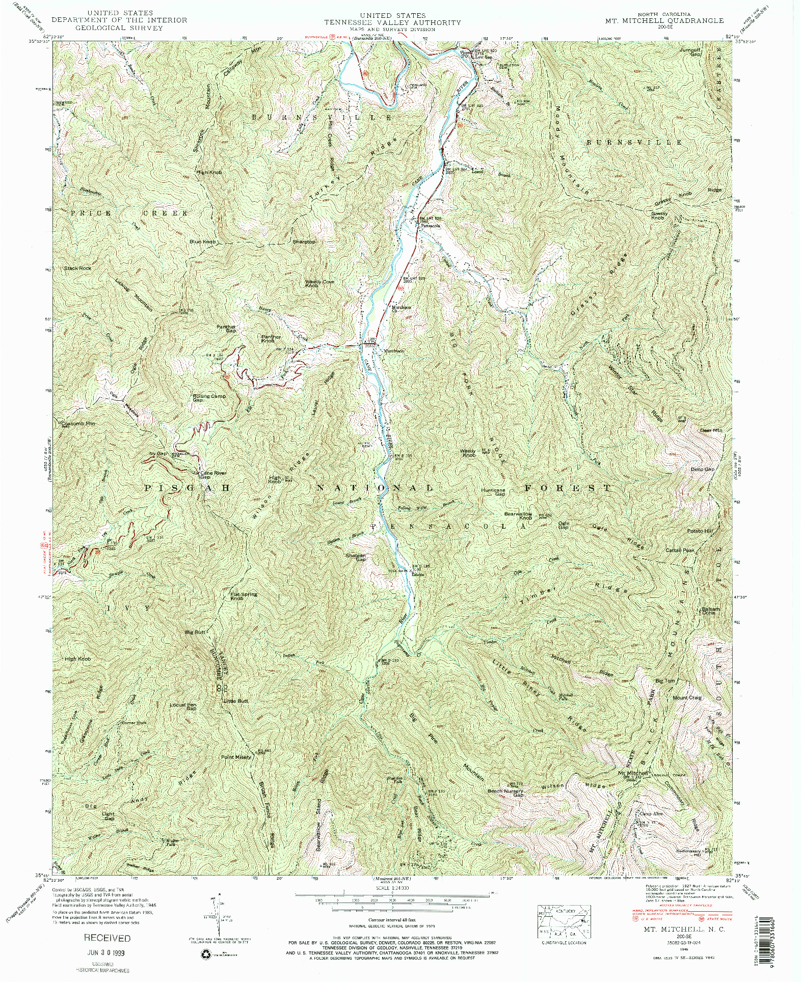 USGS 1:24000-SCALE QUADRANGLE FOR MT. MITCHELL, NC 1946