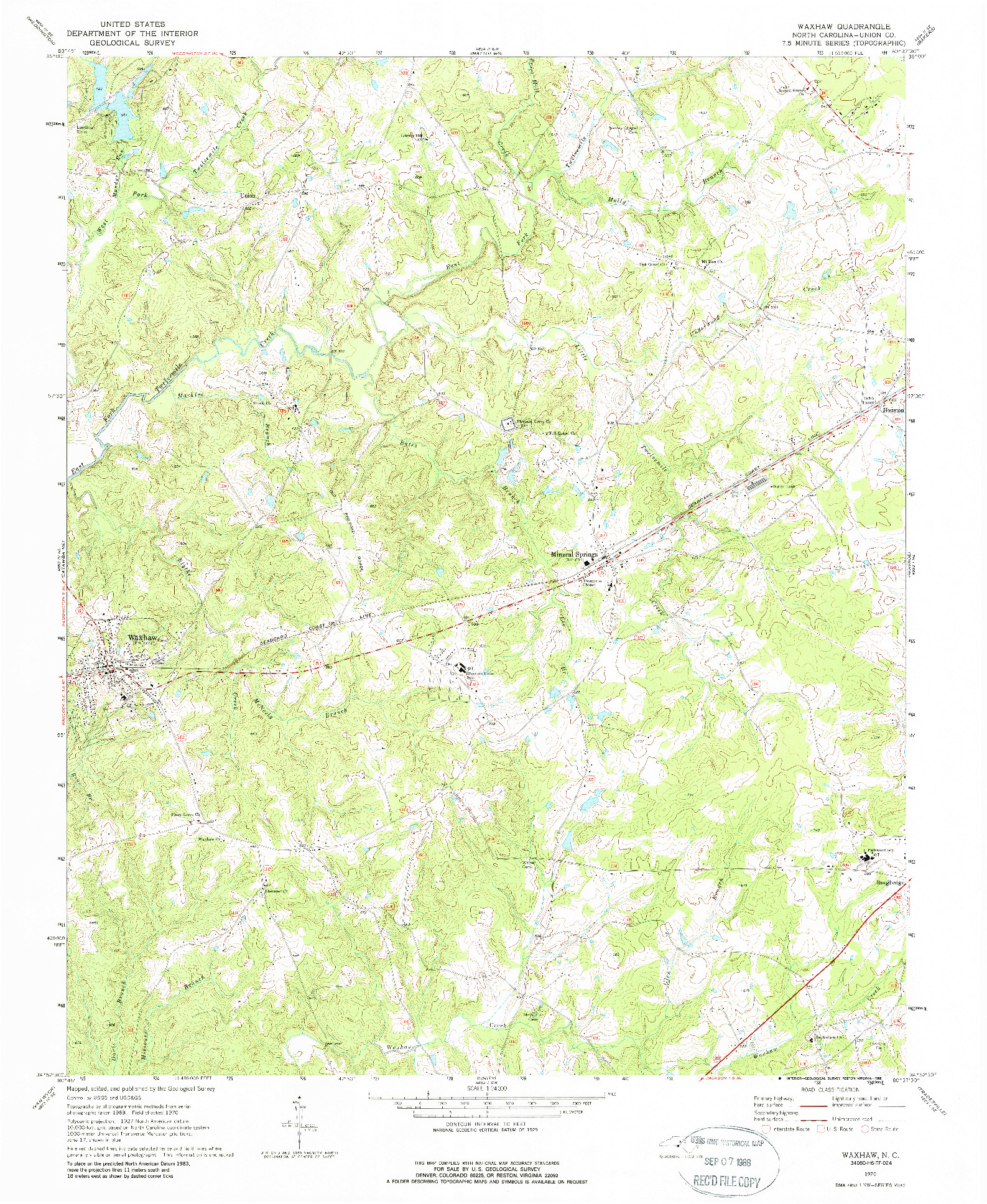 USGS 1:24000-SCALE QUADRANGLE FOR WAXHAW, NC 1970