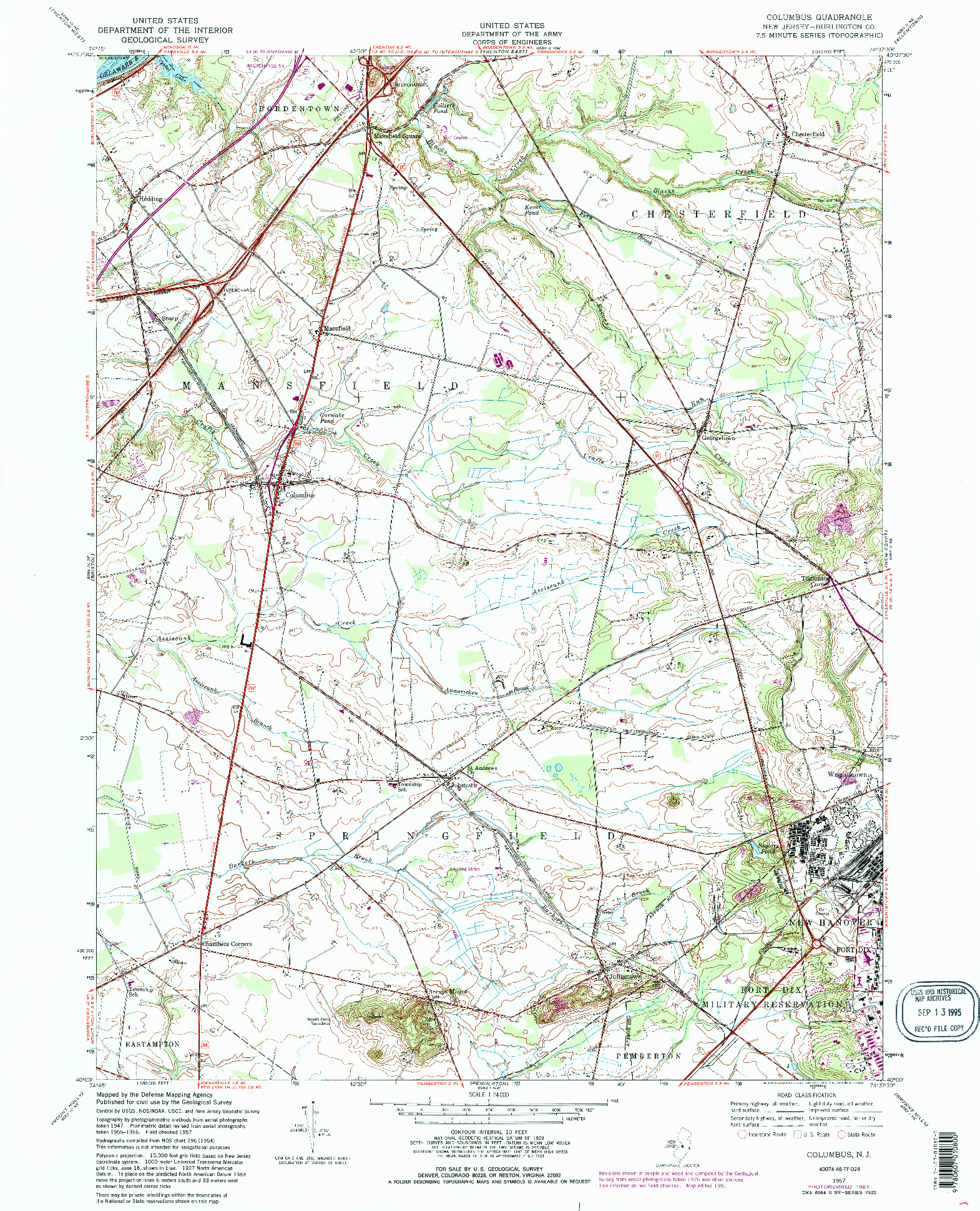 USGS 1:24000-SCALE QUADRANGLE FOR COLUMBUS, NJ 1957