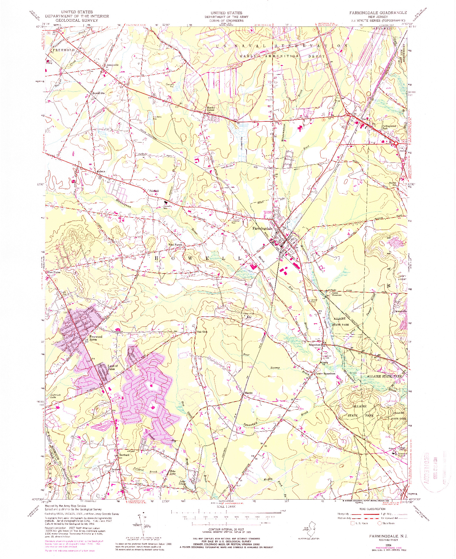 USGS 1:24000-SCALE QUADRANGLE FOR FARMINGDALE, NJ 1954