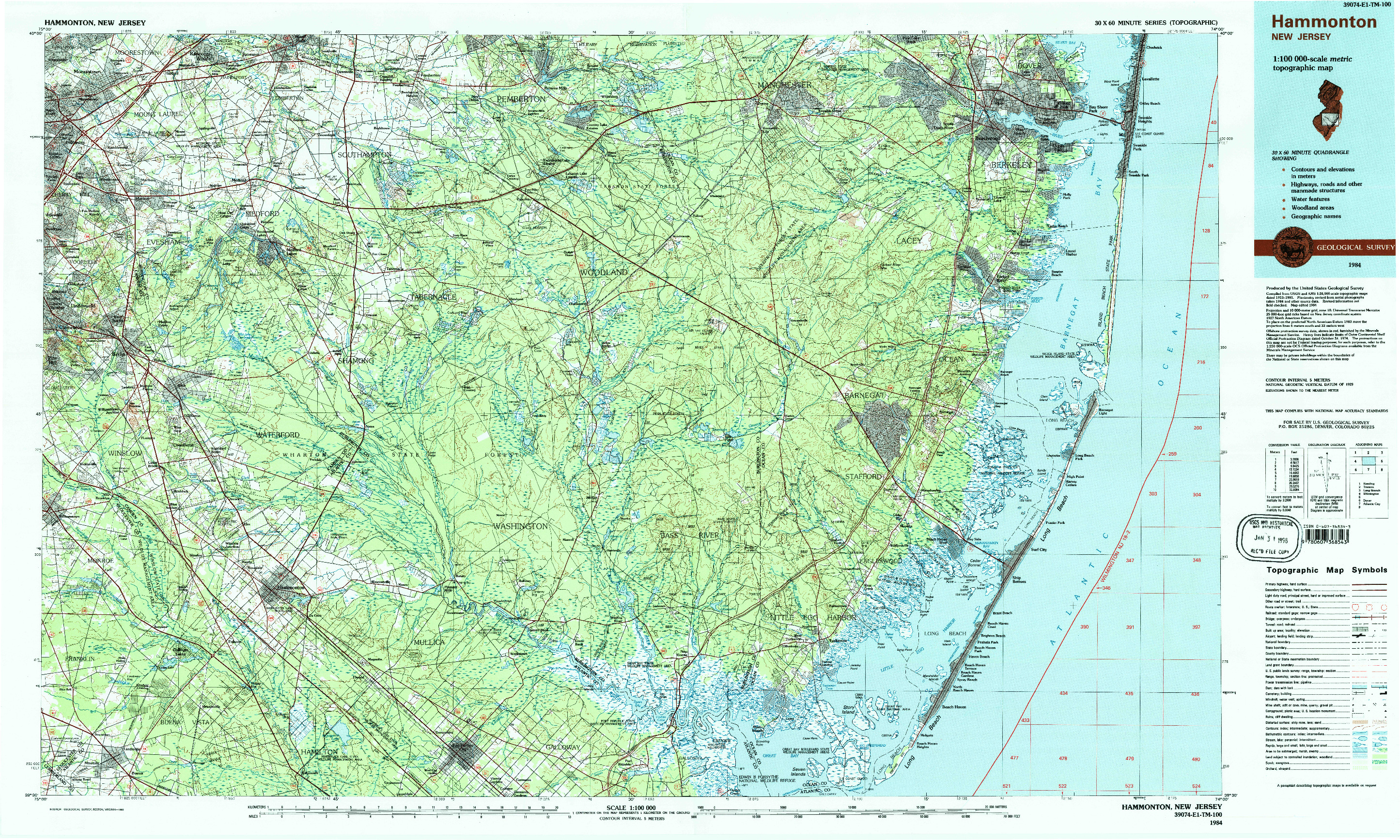 USGS 1:100000-SCALE QUADRANGLE FOR HAMMONTON, NJ 1984