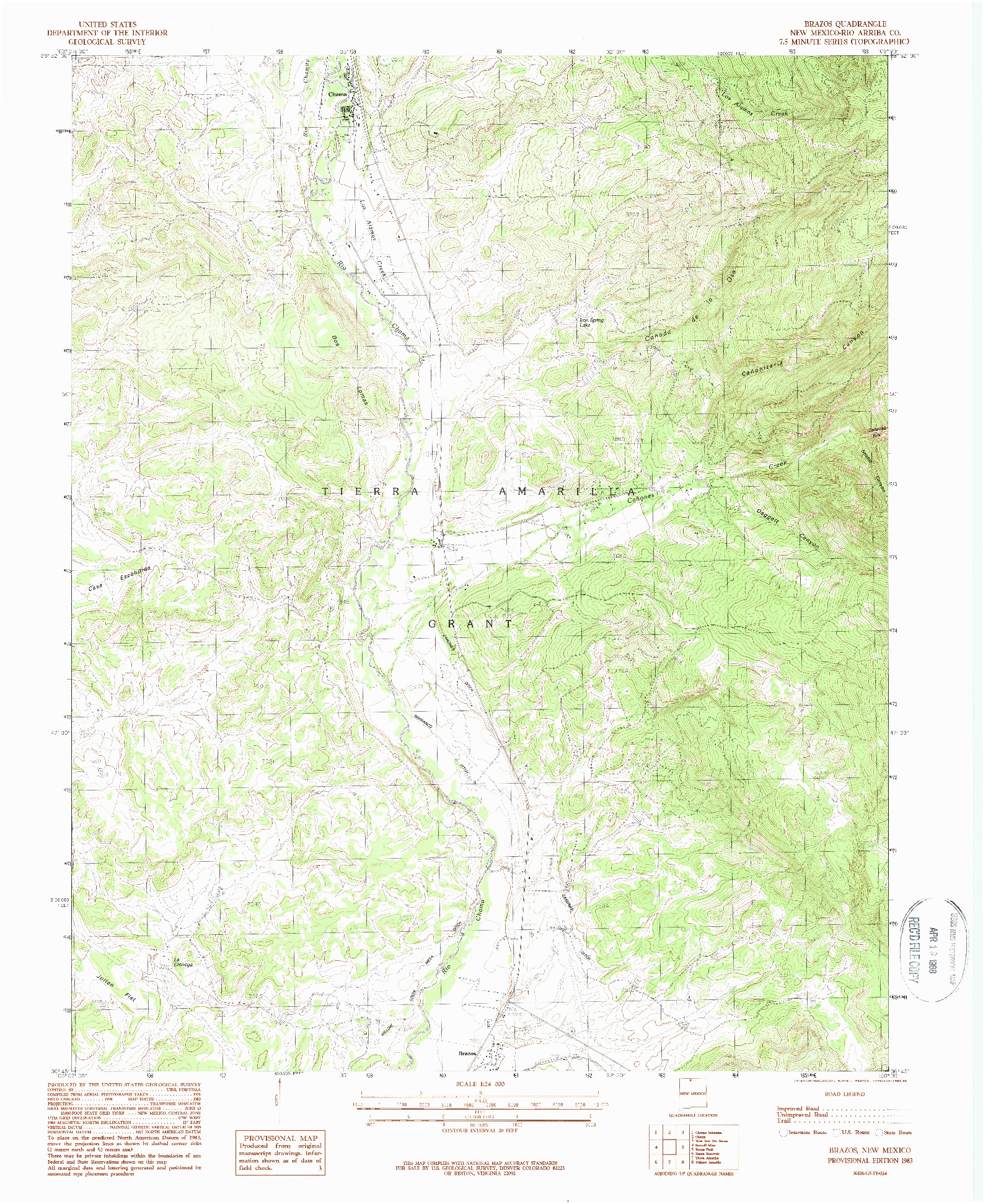 USGS 1:24000-SCALE QUADRANGLE FOR BRAZOS, NM 1983