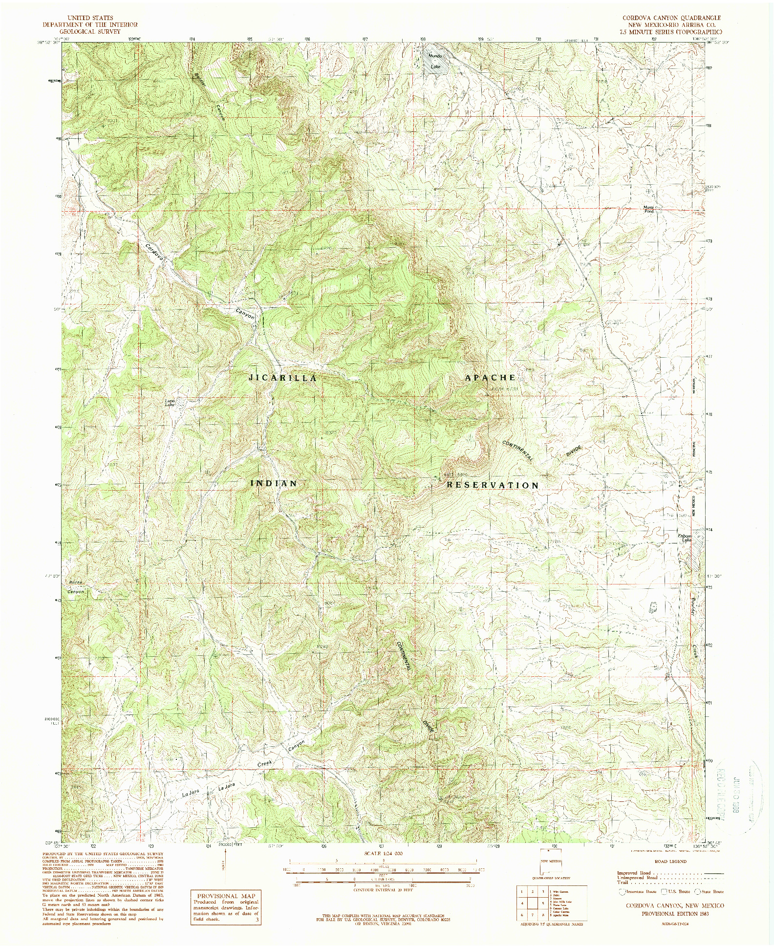 USGS 1:24000-SCALE QUADRANGLE FOR CORDOVA CANYON, NM 1983