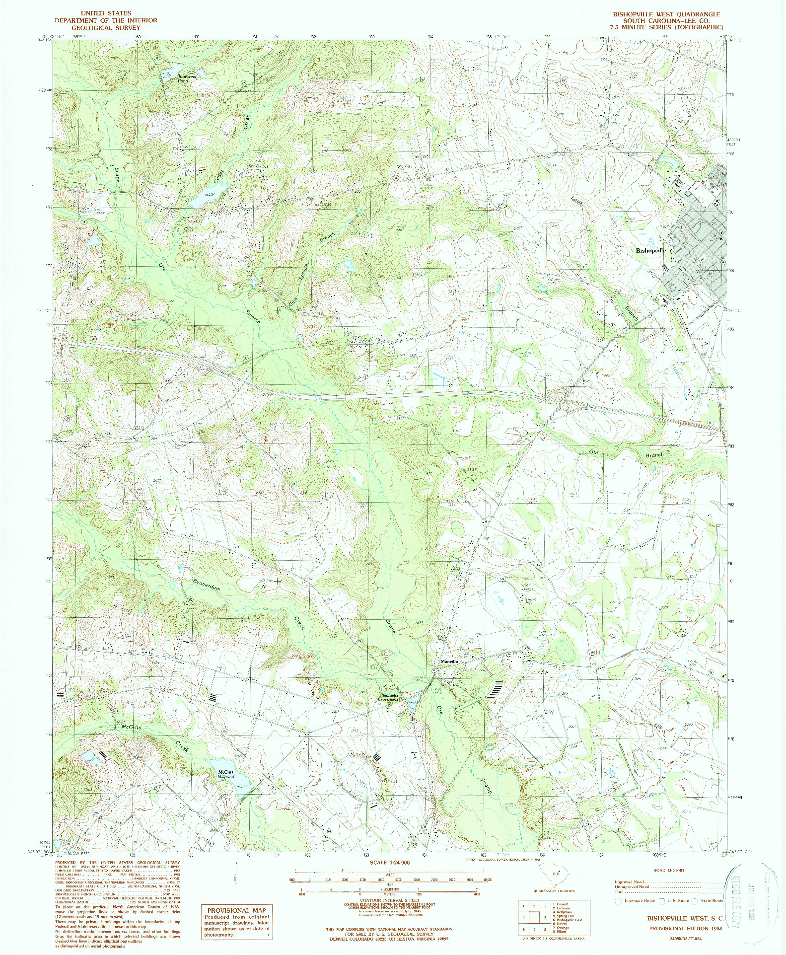USGS 1:24000-SCALE QUADRANGLE FOR BISHOPVILLE WEST, SC 1988