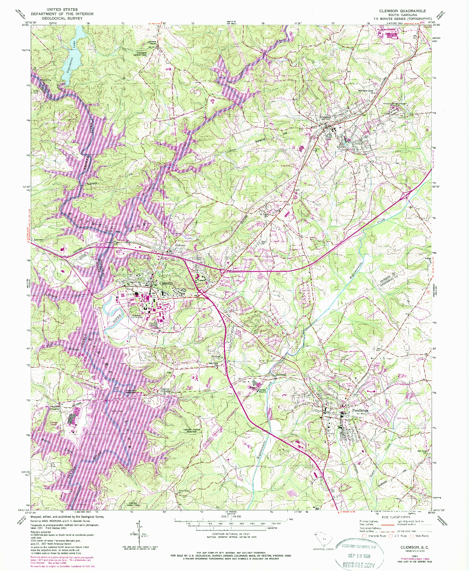 USGS 1:24000-SCALE QUADRANGLE FOR CLEMSON, SC 1951