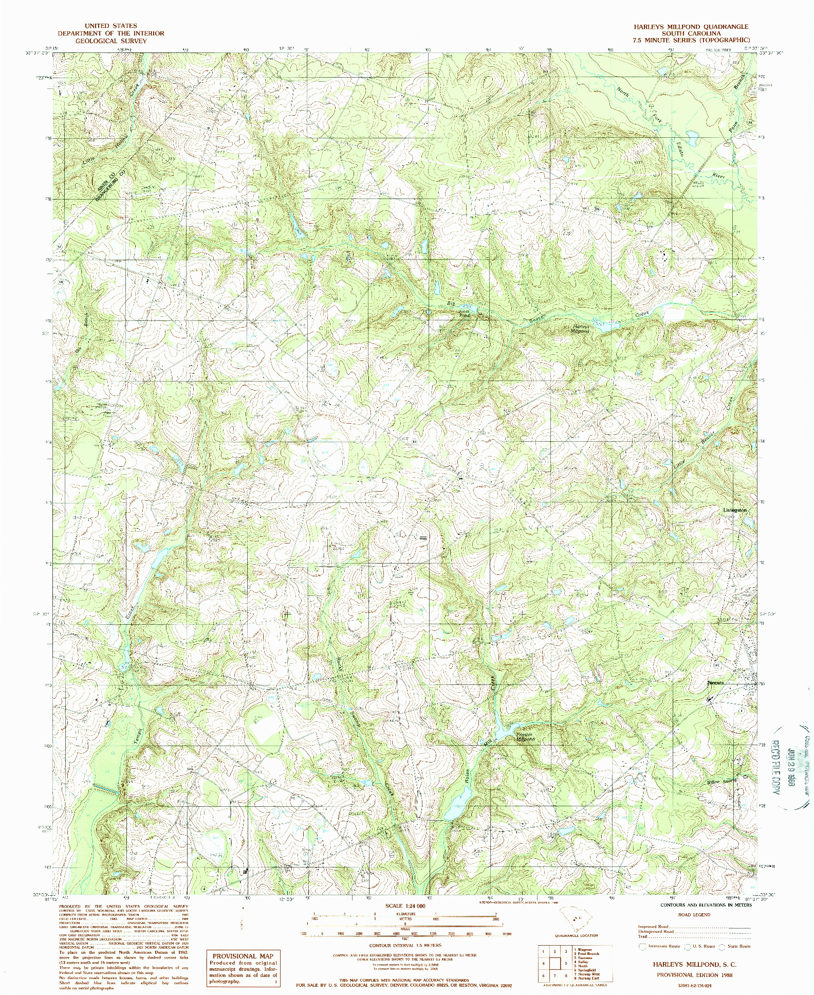 USGS 1:24000-SCALE QUADRANGLE FOR HARLEYS MILLPOND, SC 1988