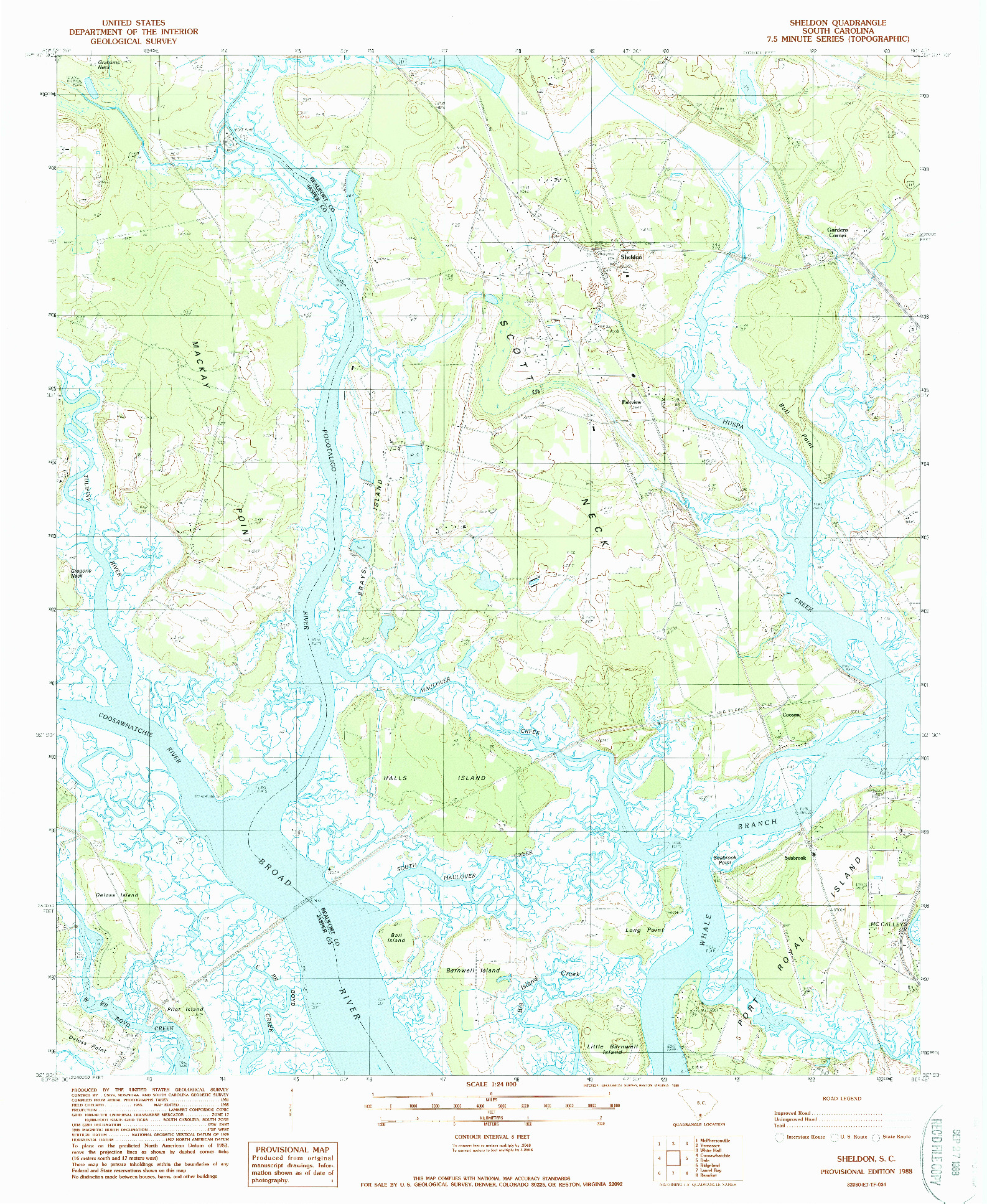 USGS 1:24000-SCALE QUADRANGLE FOR SHELDON, SC 1988