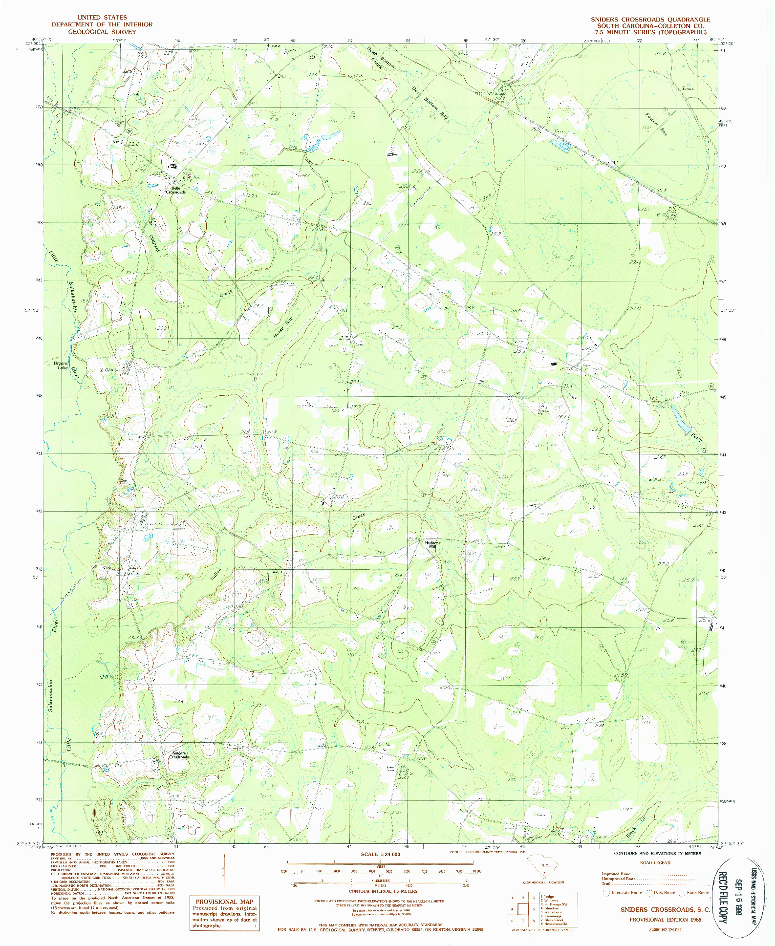 USGS 1:24000-SCALE QUADRANGLE FOR SNIDERS CROSSROADS, SC 1988