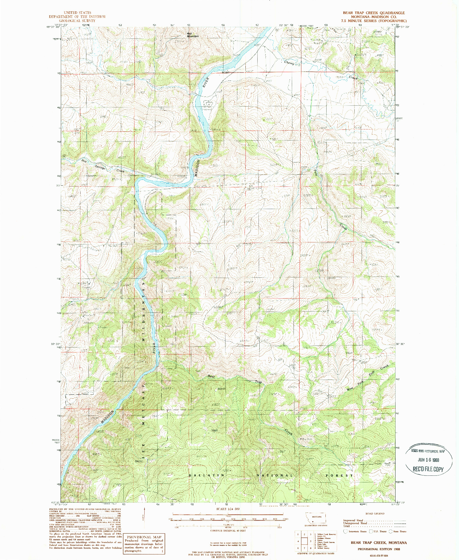 USGS 1:24000-SCALE QUADRANGLE FOR BEAR TRAP CREEK, MT 1988