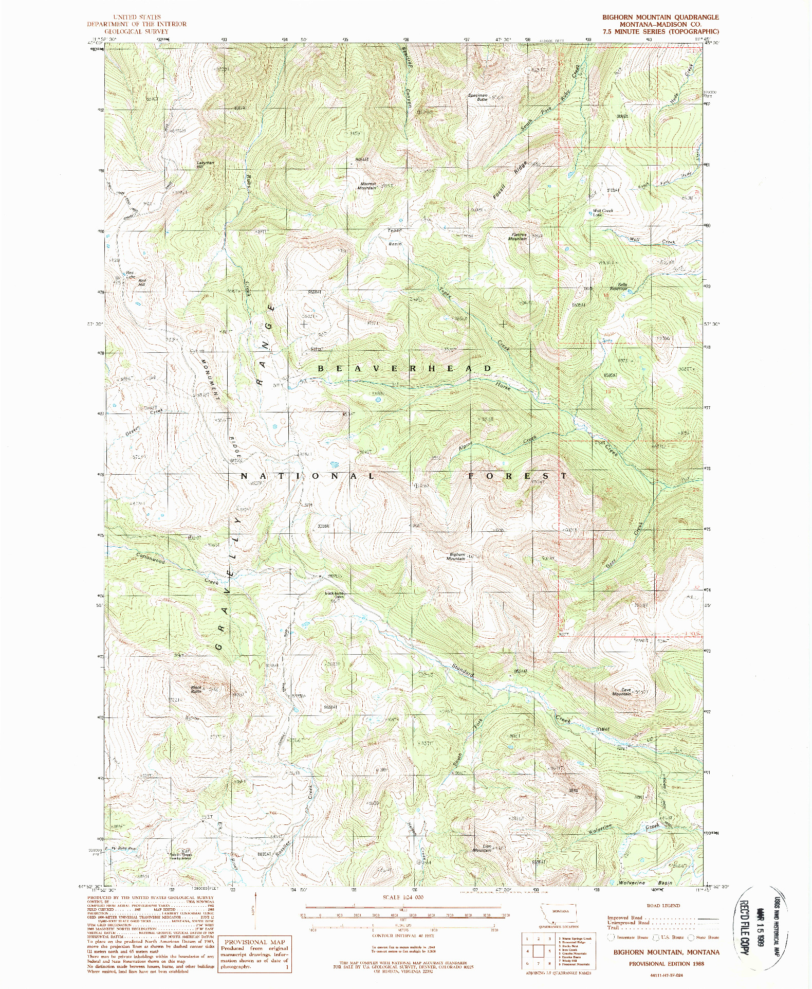USGS 1:24000-SCALE QUADRANGLE FOR BIGHORN MOUNTAIN, MT 1988