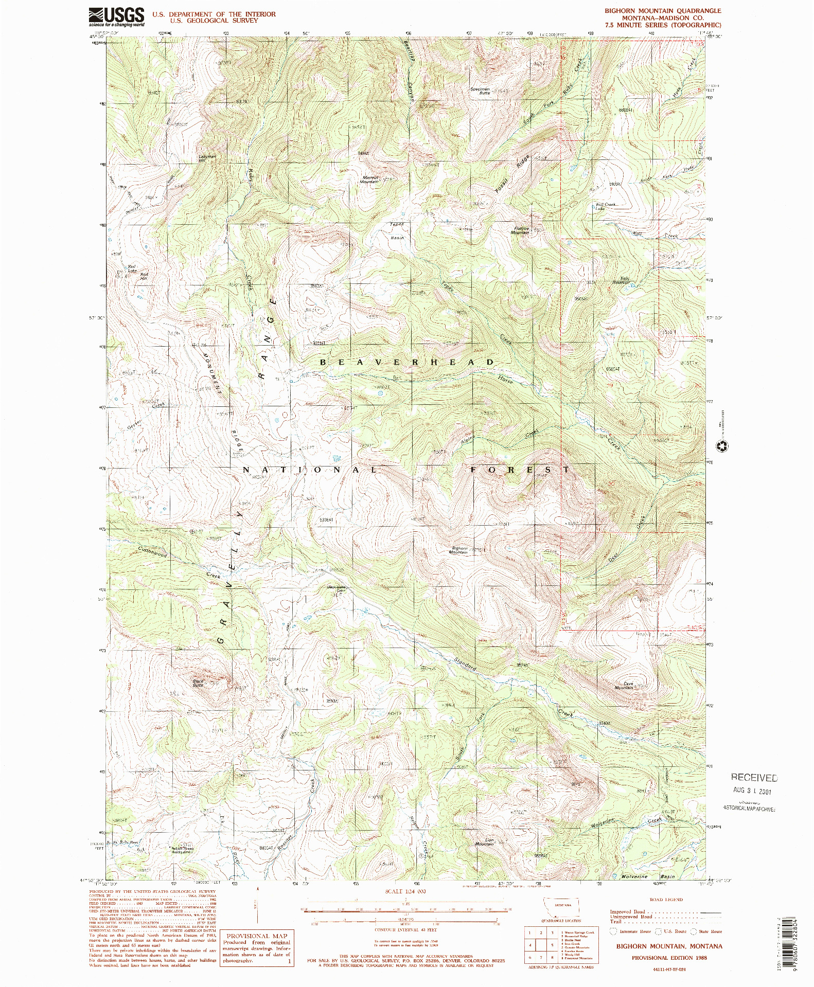 USGS 1:24000-SCALE QUADRANGLE FOR BIGHORN MOUNTAIN, MT 1988