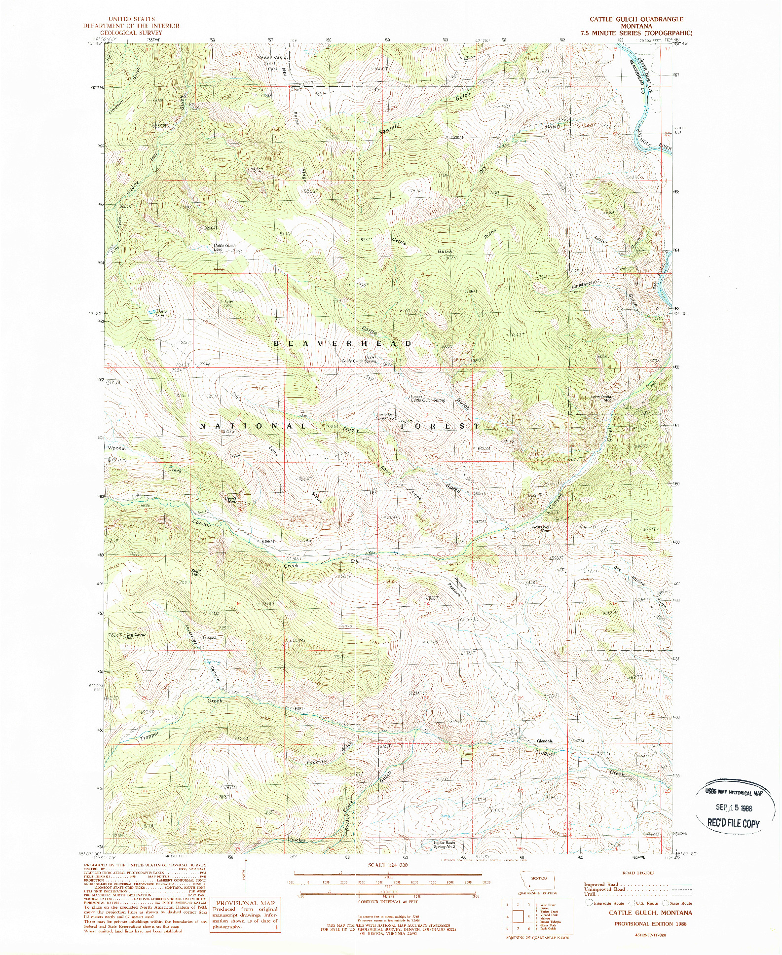 USGS 1:24000-SCALE QUADRANGLE FOR CATTLE GULCH, MT 1988