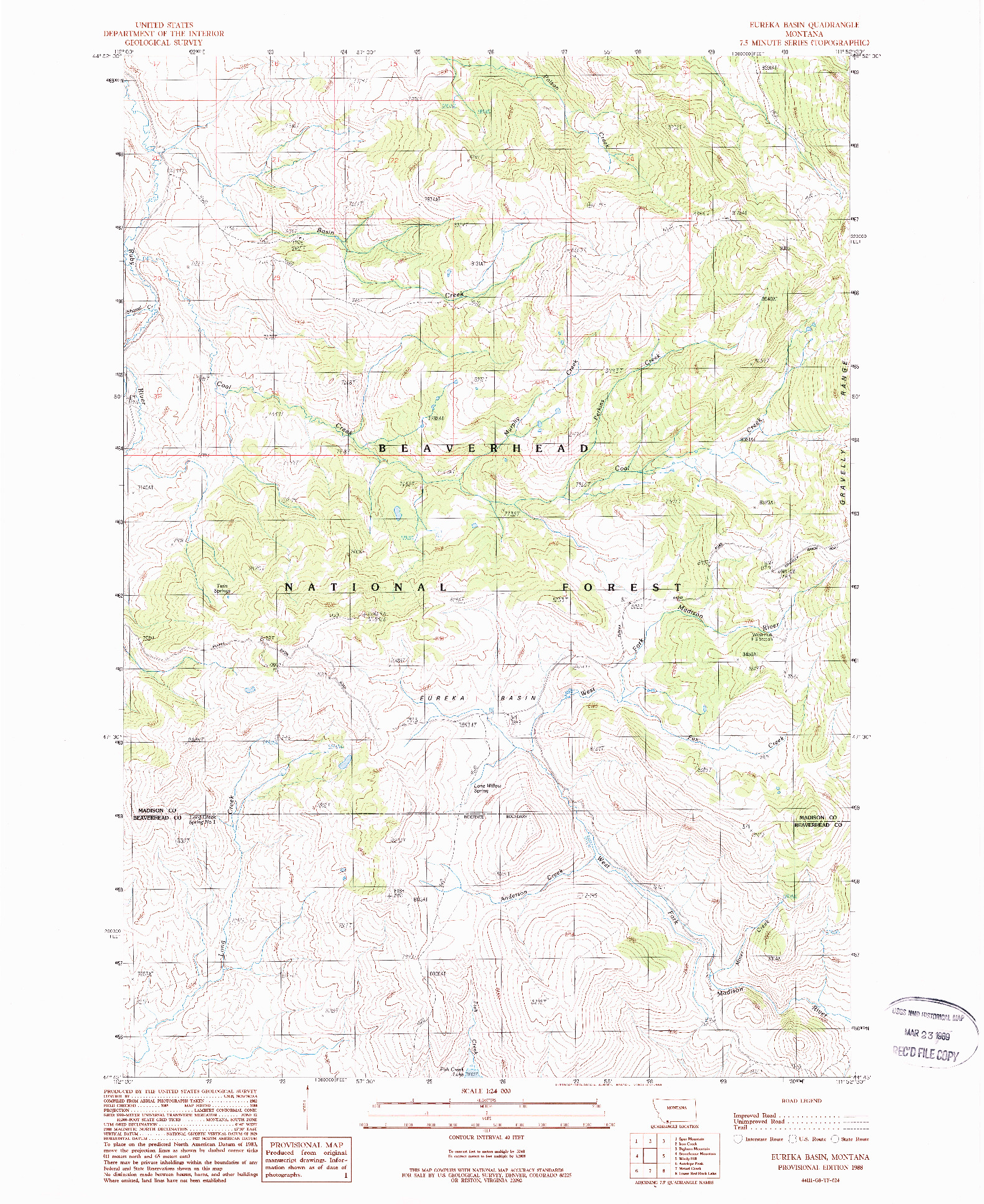 USGS 1:24000-SCALE QUADRANGLE FOR EUREKA BASIN, MT 1988