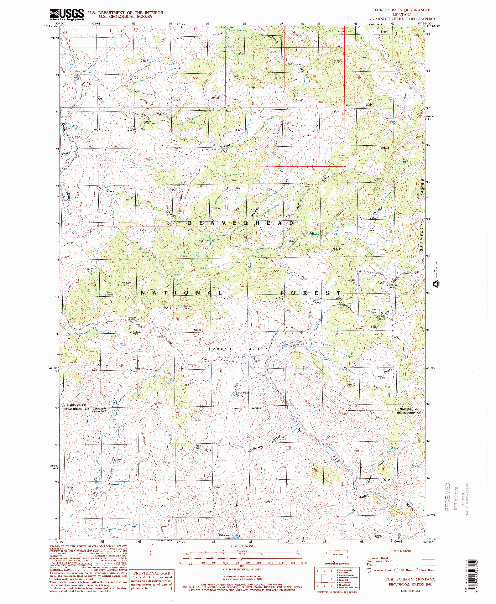 USGS 1:24000-SCALE QUADRANGLE FOR EUREKA BASIN, MT 1988