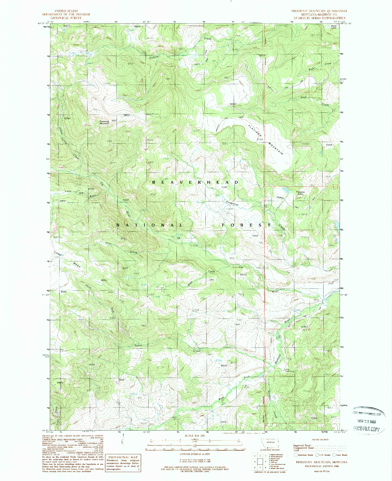 USGS 1:24000-SCALE QUADRANGLE FOR FREEZEOUT MOUNTAIN, MT 1988