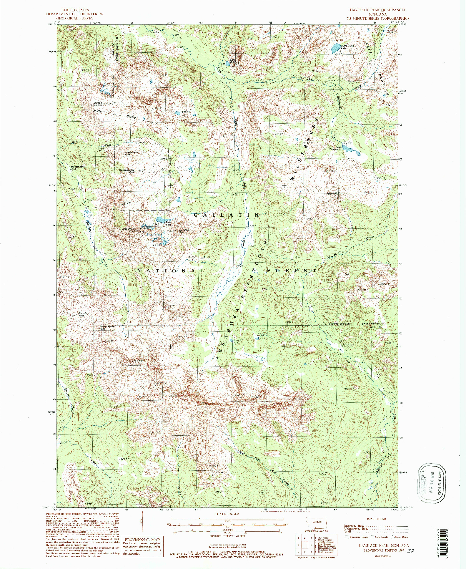 USGS 1:24000-SCALE QUADRANGLE FOR HAYSTACK PEAK, MT 1987