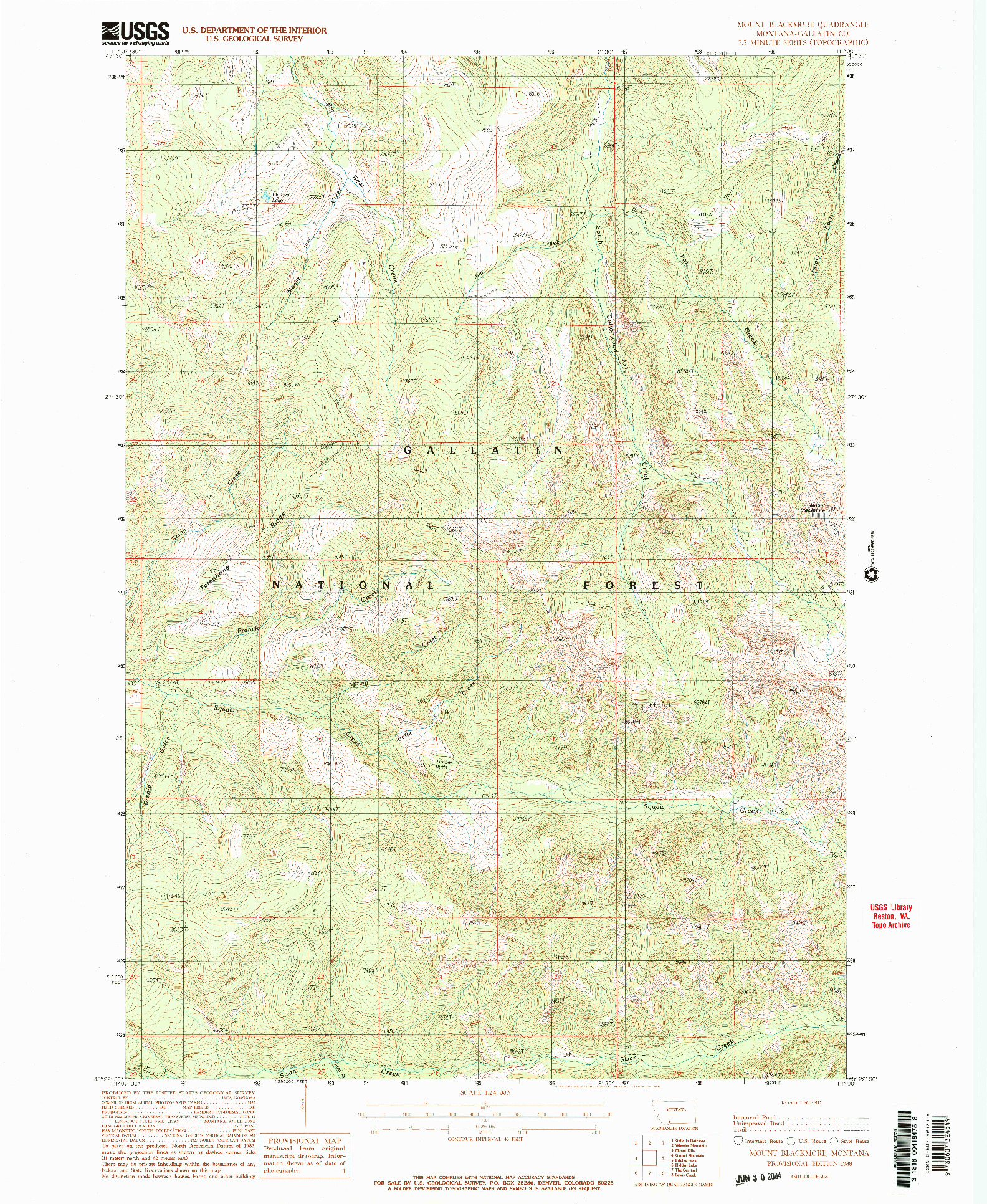 USGS 1:24000-SCALE QUADRANGLE FOR MOUNT BLACKMORE, MT 1988