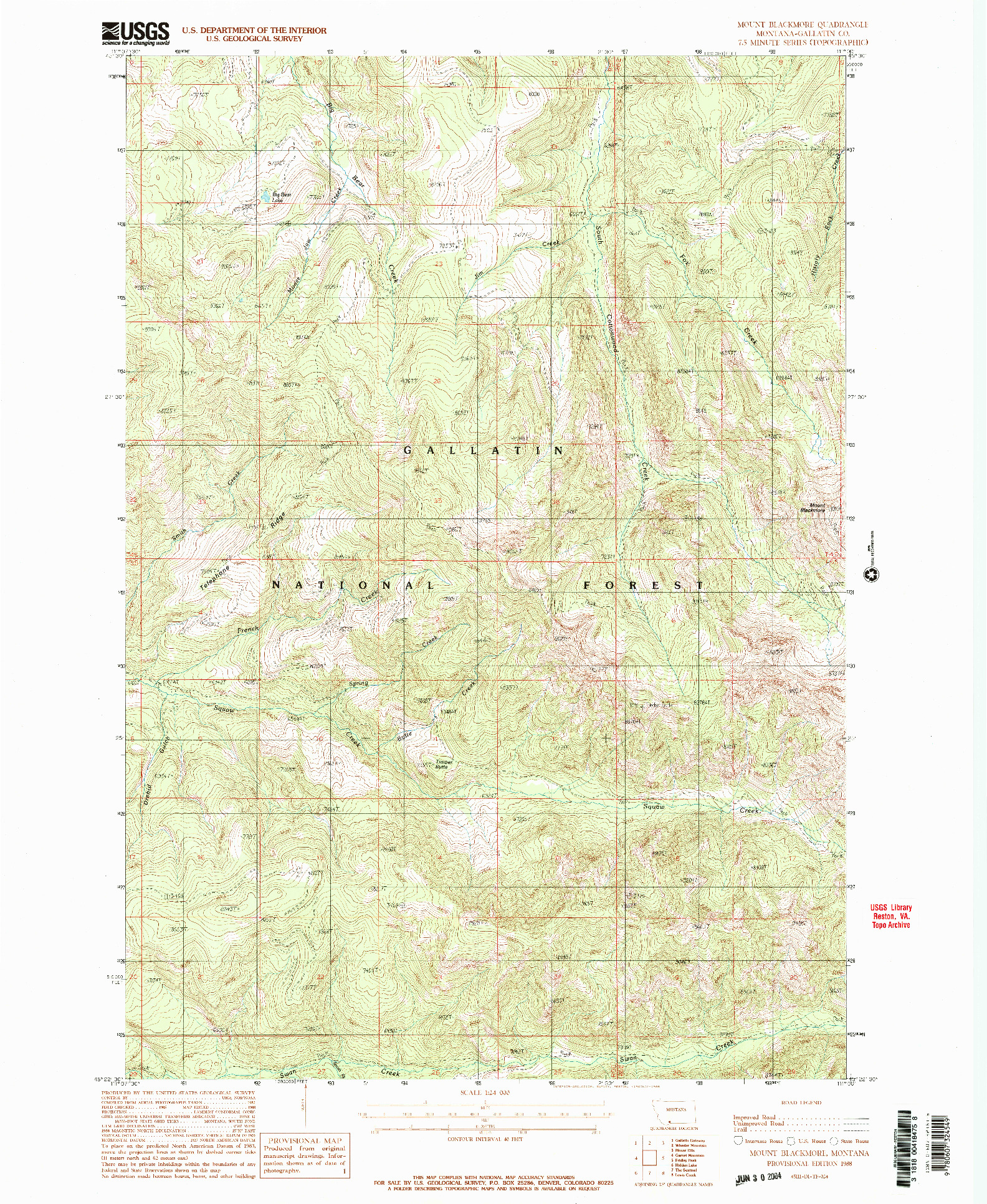 USGS 1:24000-SCALE QUADRANGLE FOR MOUNT BLACKMORE, MT 1988