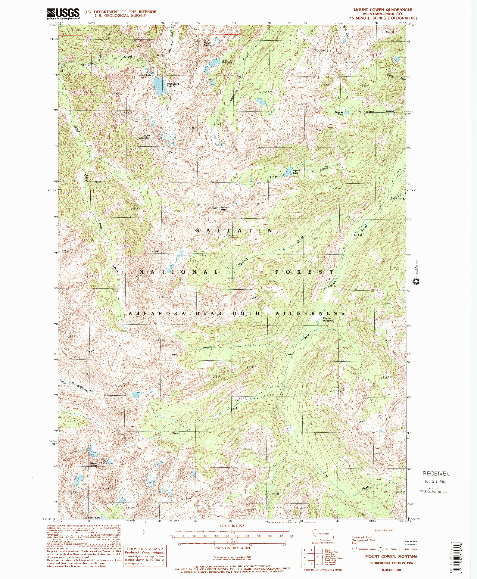 USGS 1:24000-SCALE QUADRANGLE FOR MOUNT COWEN, MT 1987
