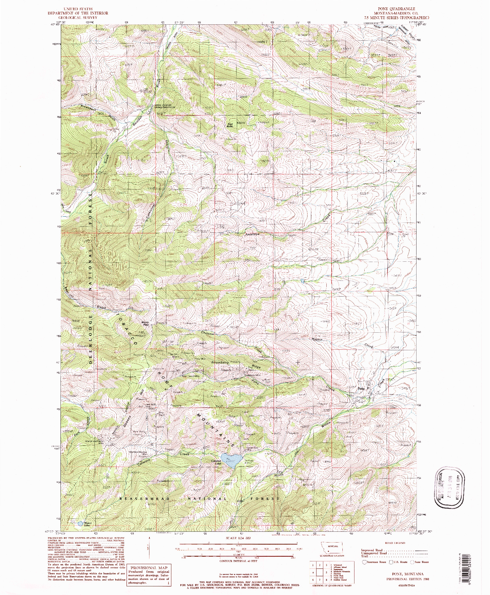 USGS 1:24000-SCALE QUADRANGLE FOR PONY, MT 1988