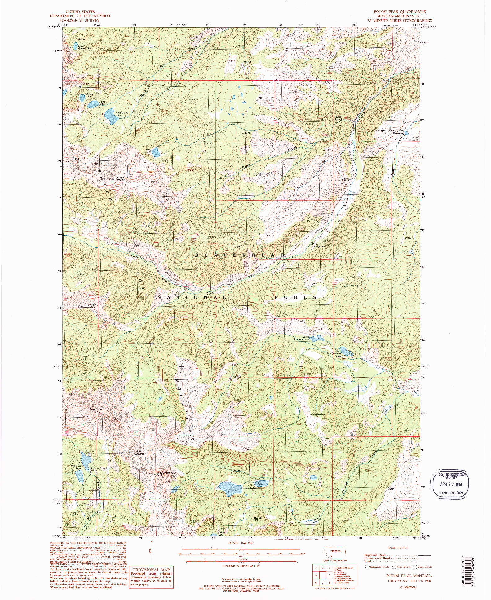 USGS 1:24000-SCALE QUADRANGLE FOR POTOSI PEAK, MT 1988