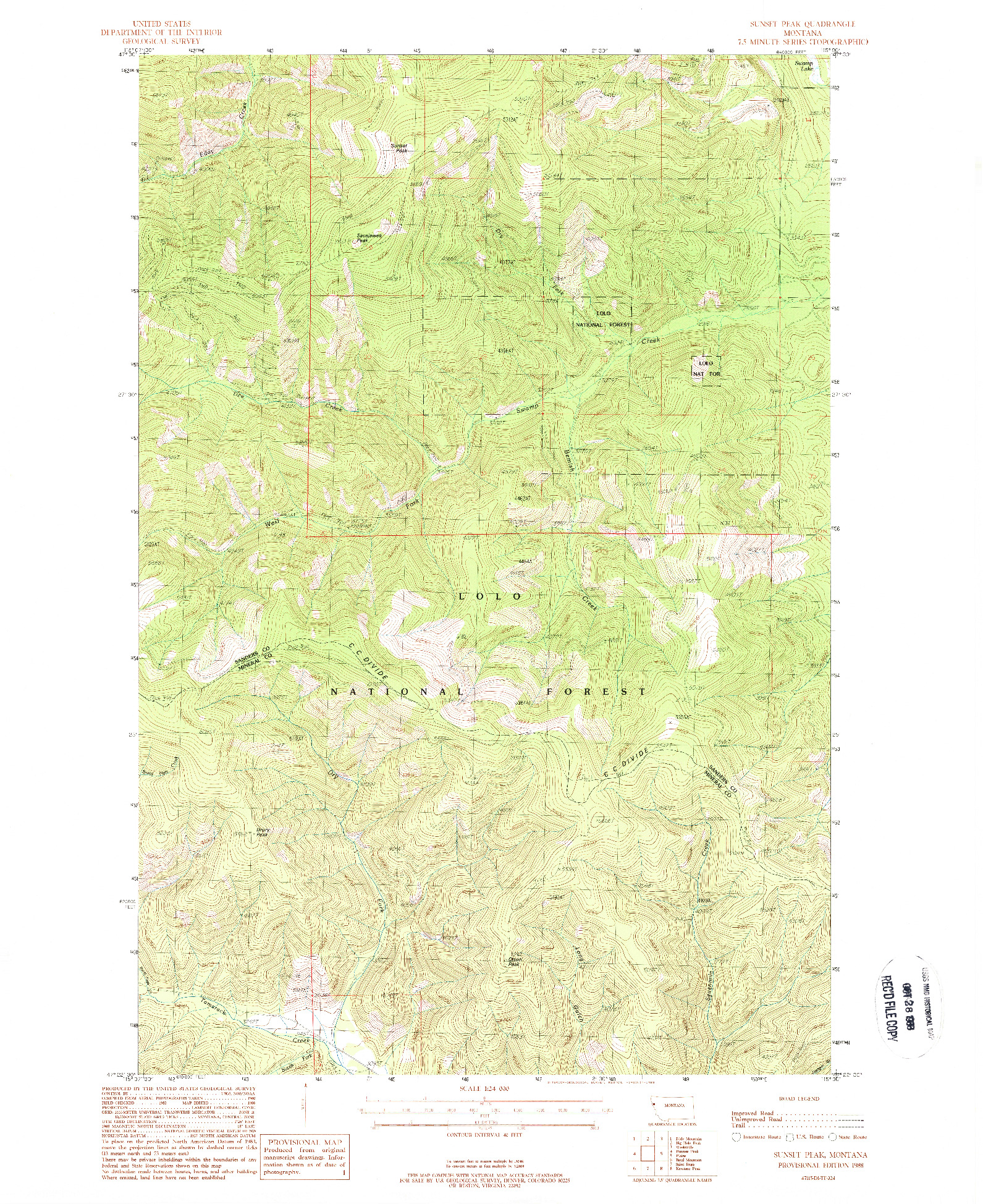 USGS 1:24000-SCALE QUADRANGLE FOR SUNSET PEAK, MT 1988