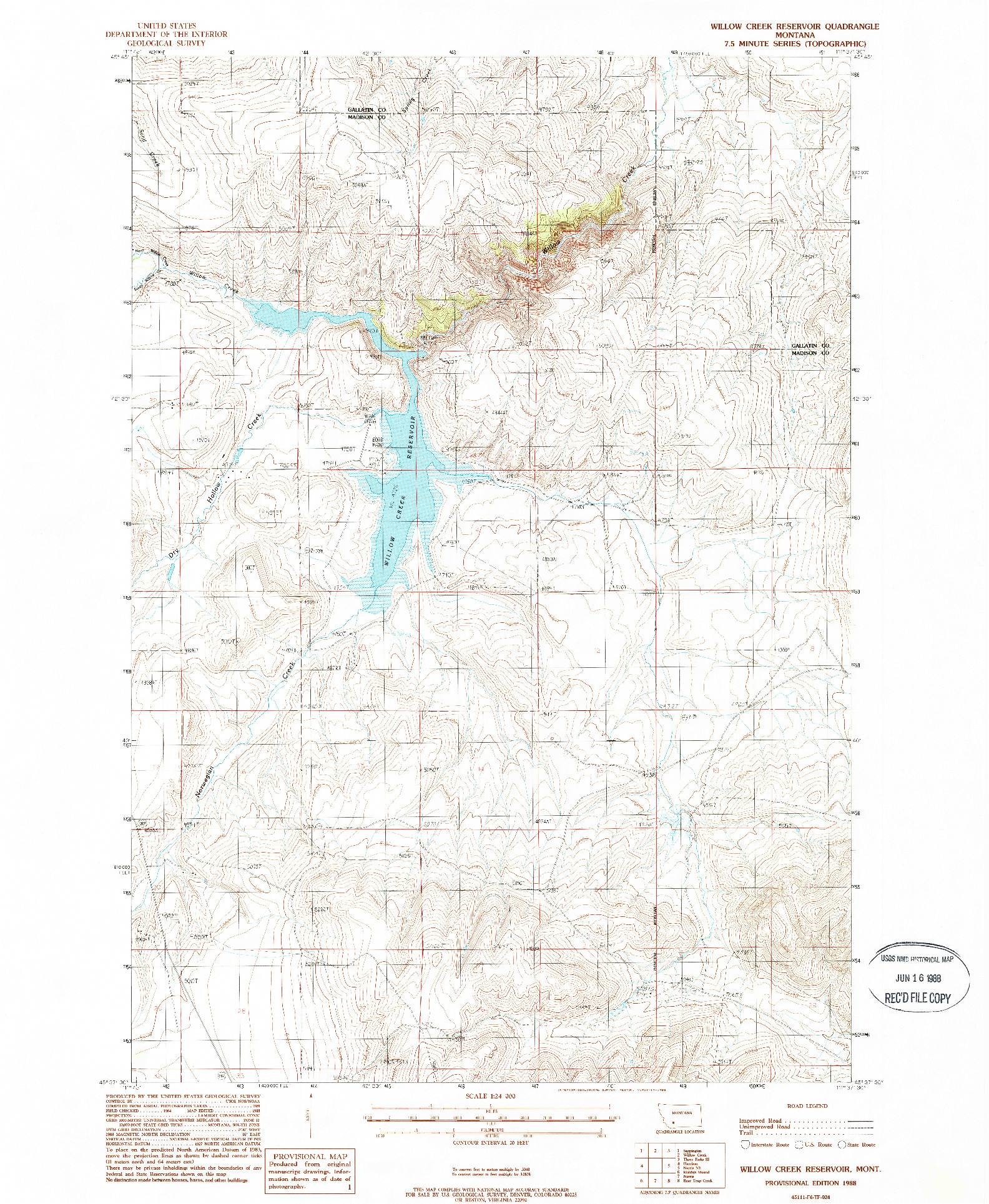 USGS 1:24000-SCALE QUADRANGLE FOR WILLOW CREEK RESERVOIR, MT 1988