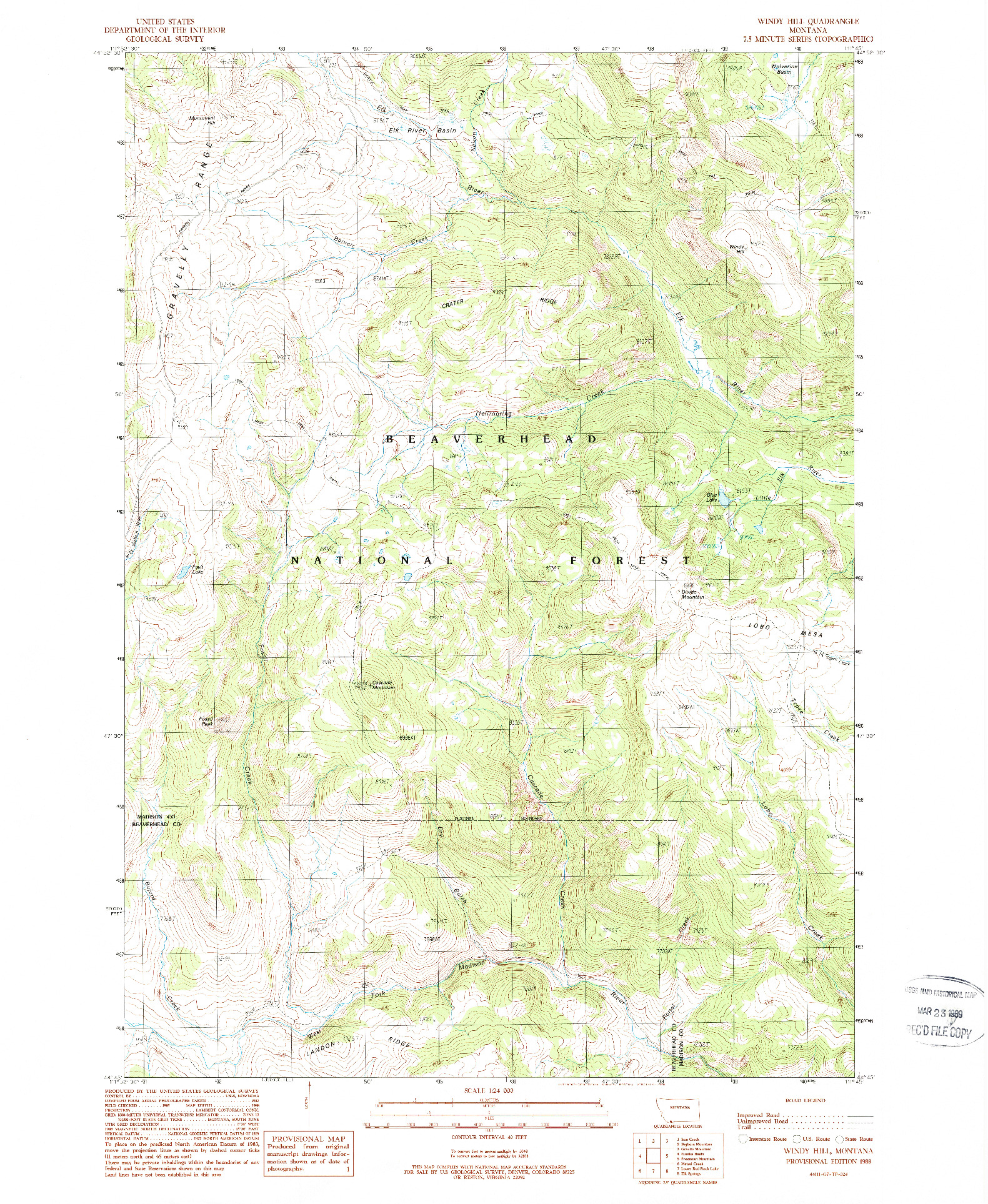 USGS 1:24000-SCALE QUADRANGLE FOR WINDY HILL, MT 1988