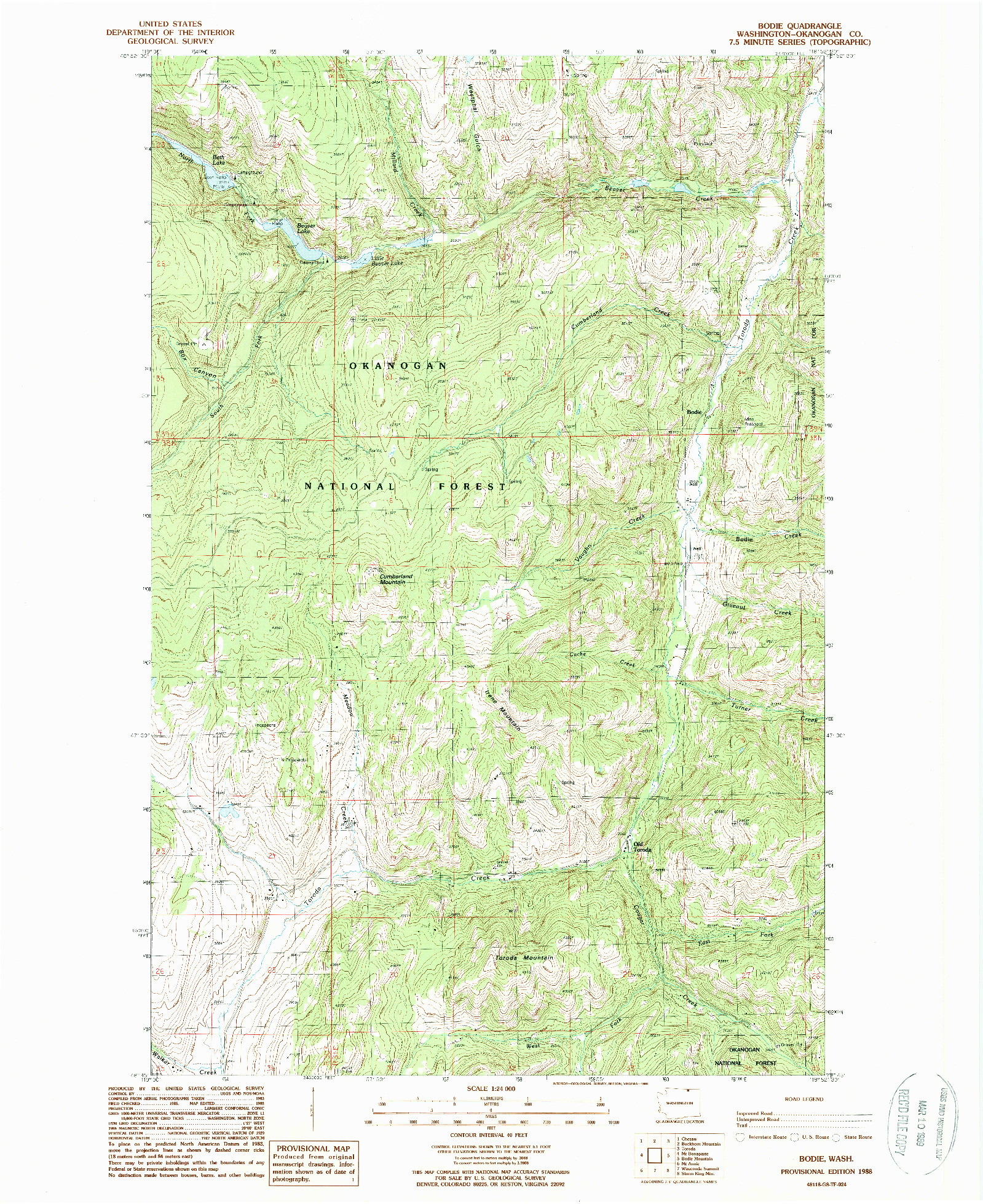 USGS 1:24000-SCALE QUADRANGLE FOR BODIE, WA 1988