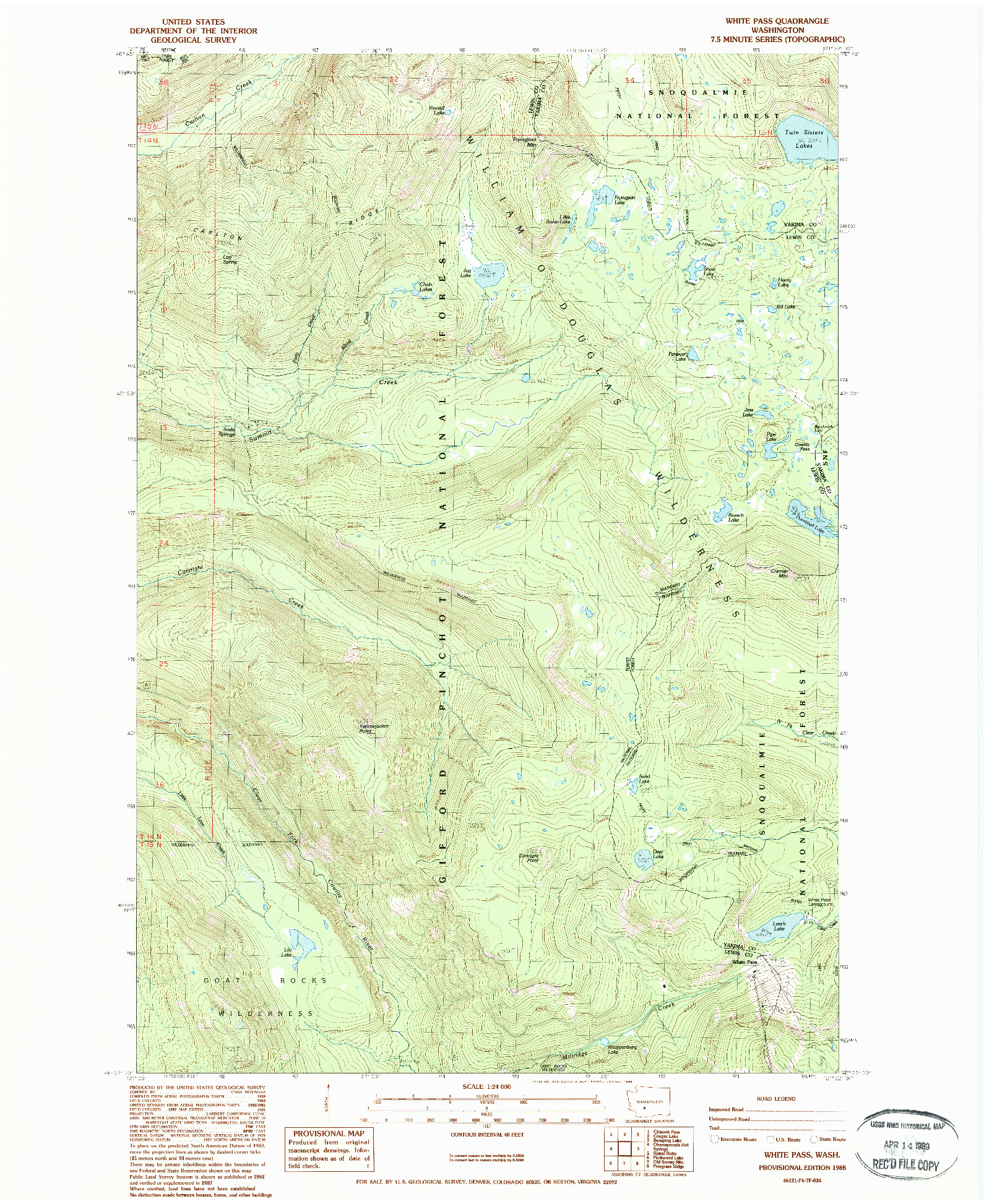 USGS 1:24000-SCALE QUADRANGLE FOR WHITE PASS, WA 1988