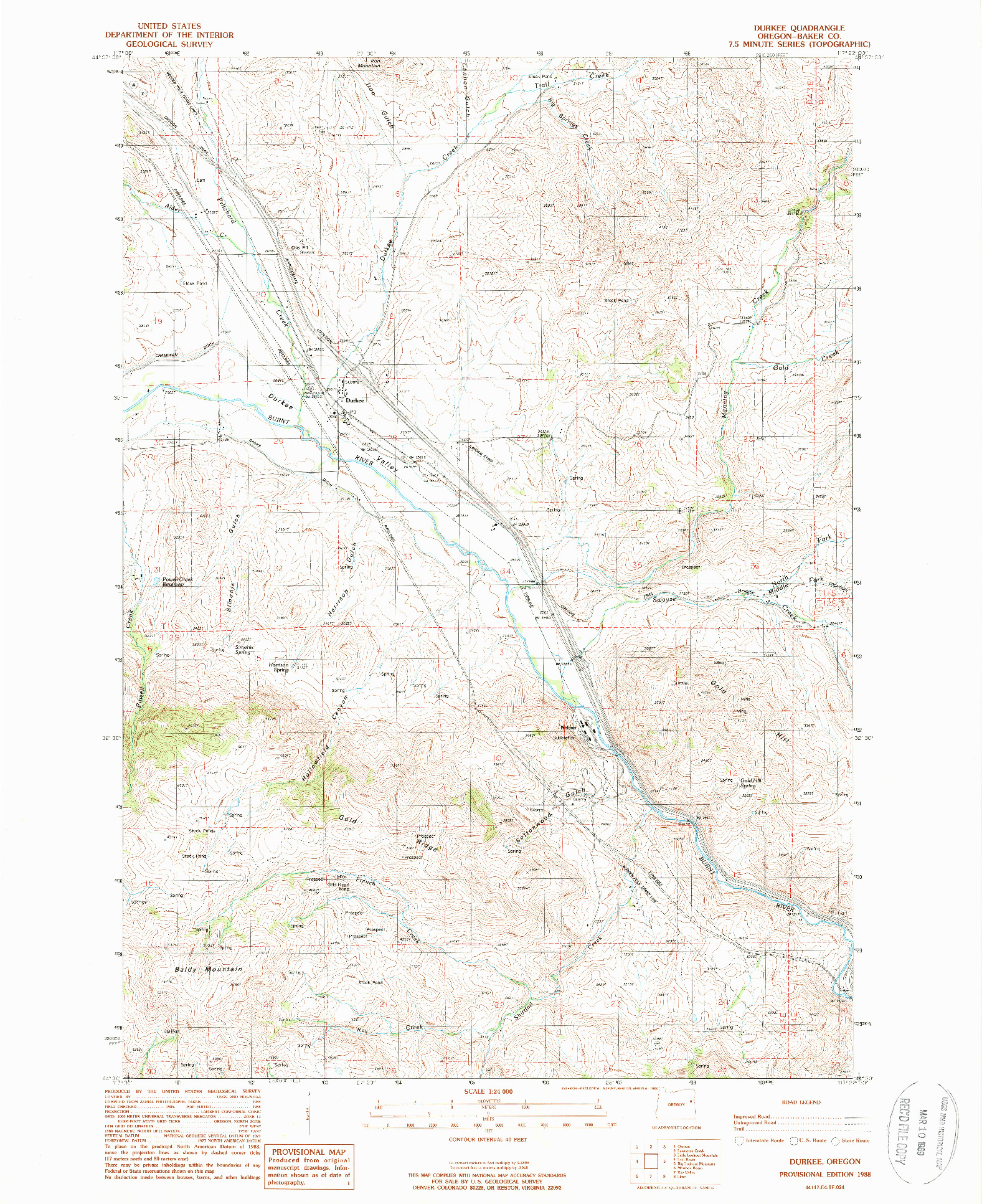 USGS 1:24000-SCALE QUADRANGLE FOR DURKEE, OR 1988