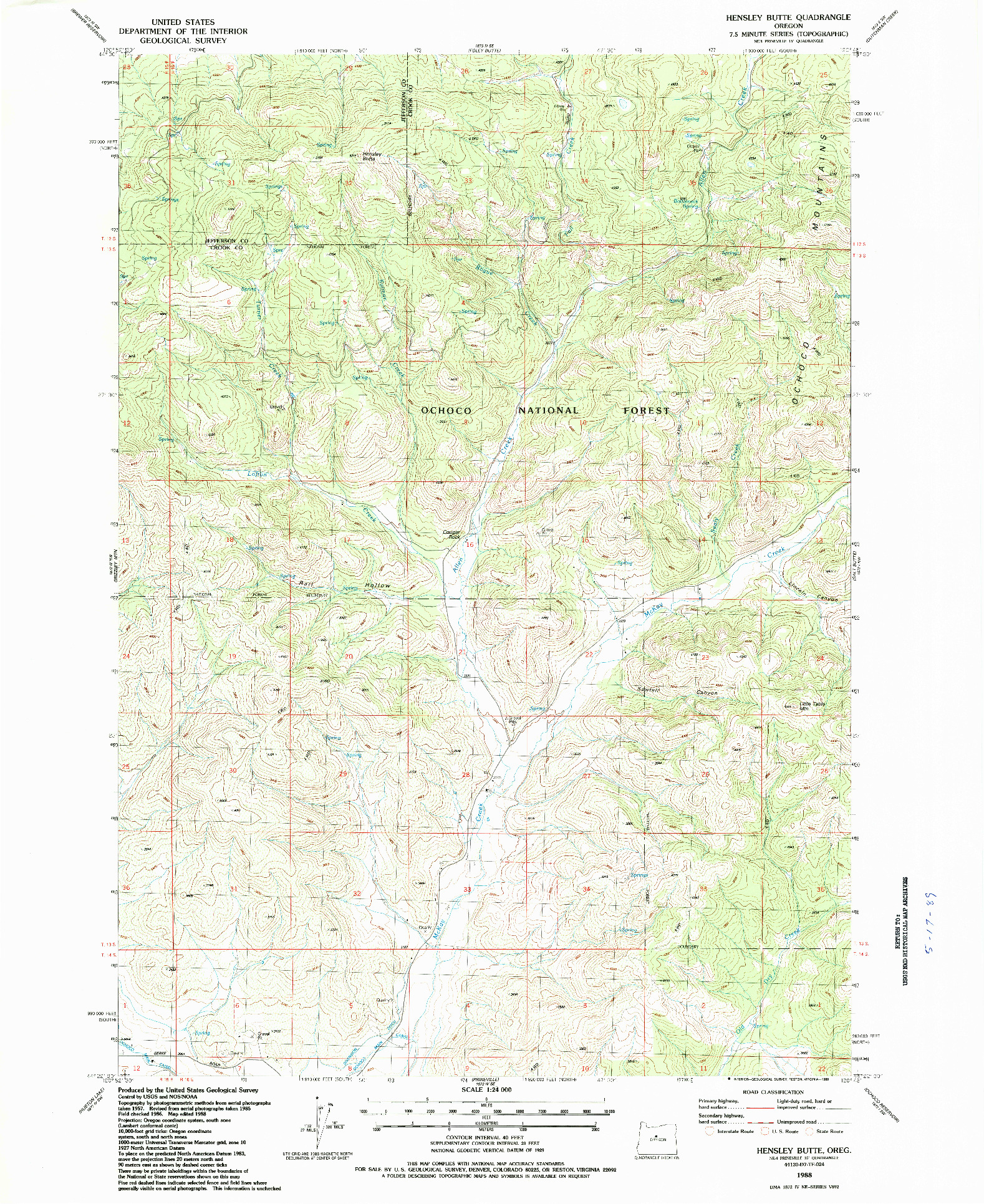 USGS 1:24000-SCALE QUADRANGLE FOR HENSLEY BUTTE, OR 1988