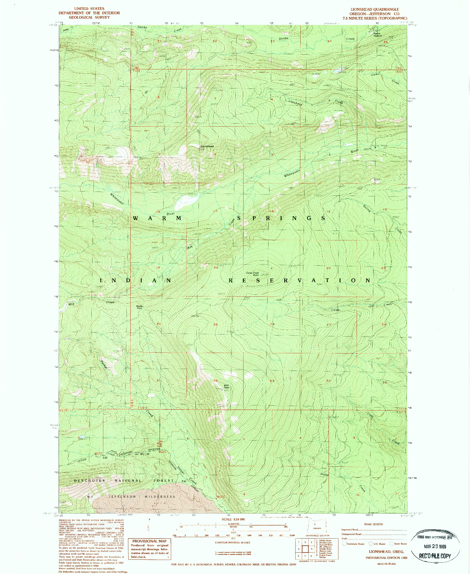 USGS 1:24000-SCALE QUADRANGLE FOR LIONSHEAD, OR 1988