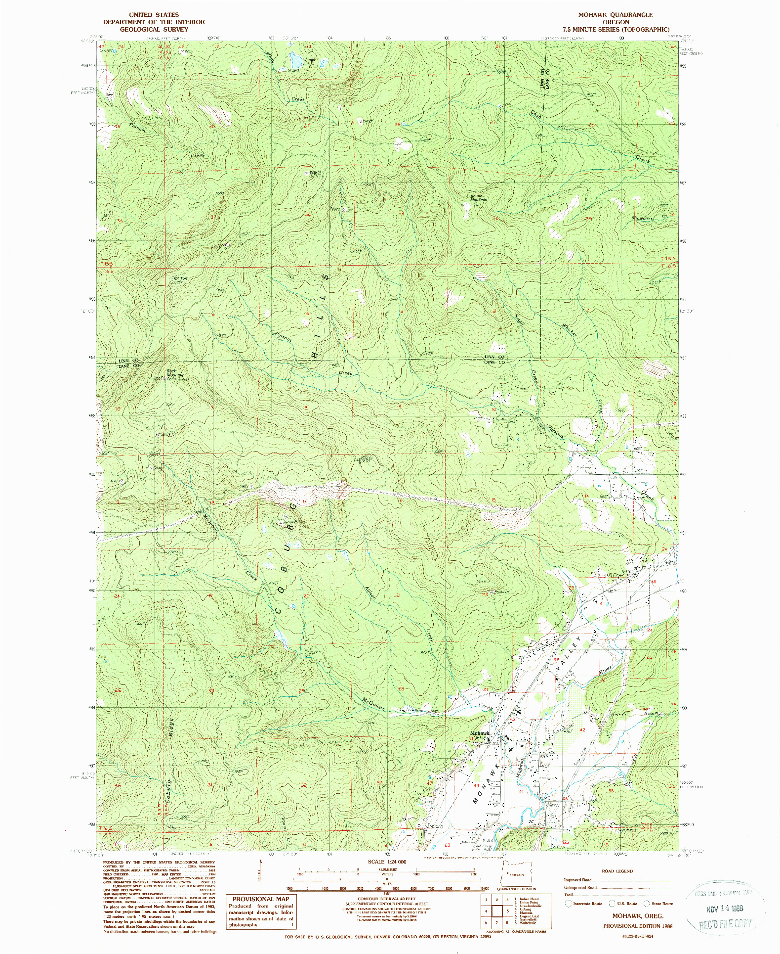 USGS 1:24000-SCALE QUADRANGLE FOR MOHAWK, OR 1988