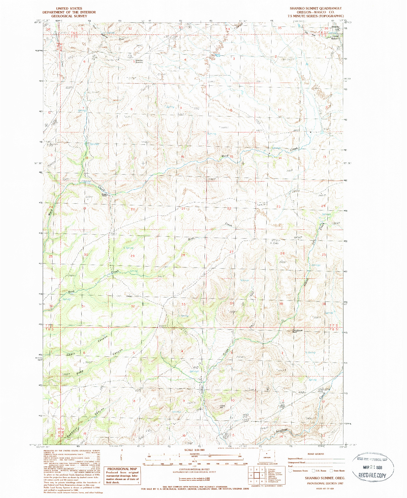 USGS 1:24000-SCALE QUADRANGLE FOR SHANIKO SUMMIT, OR 1987