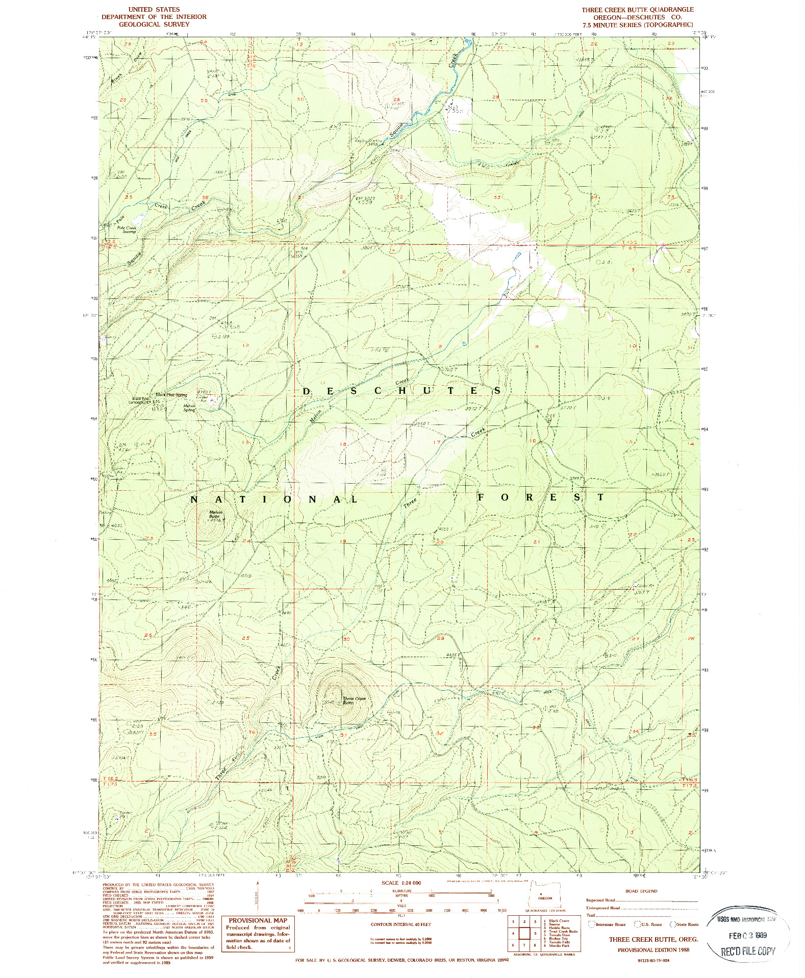 USGS 1:24000-SCALE QUADRANGLE FOR THREE CREEK BUTTE, OR 1988