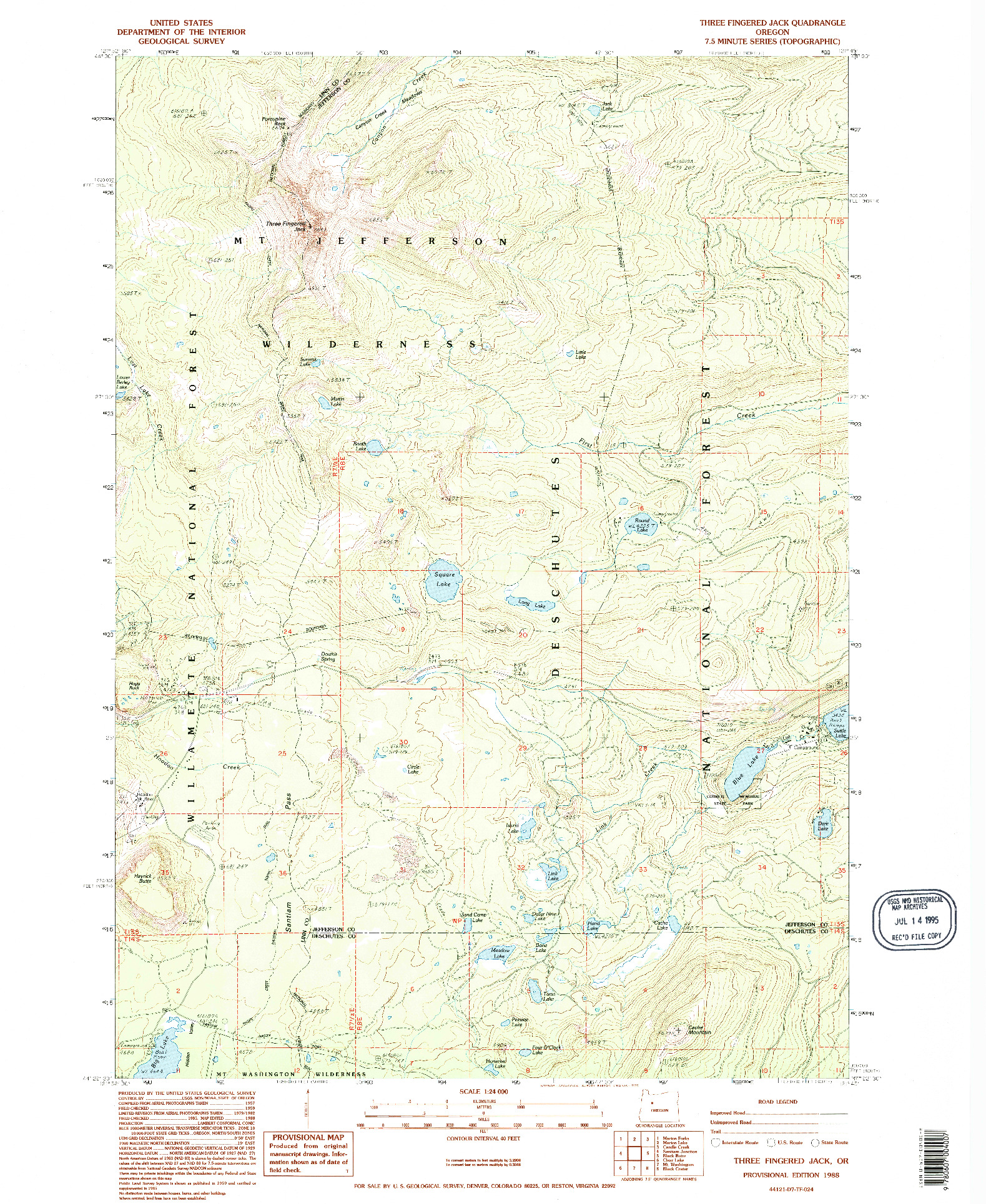 USGS 1:24000-SCALE QUADRANGLE FOR THREE FINGERED JACK, OR 1988