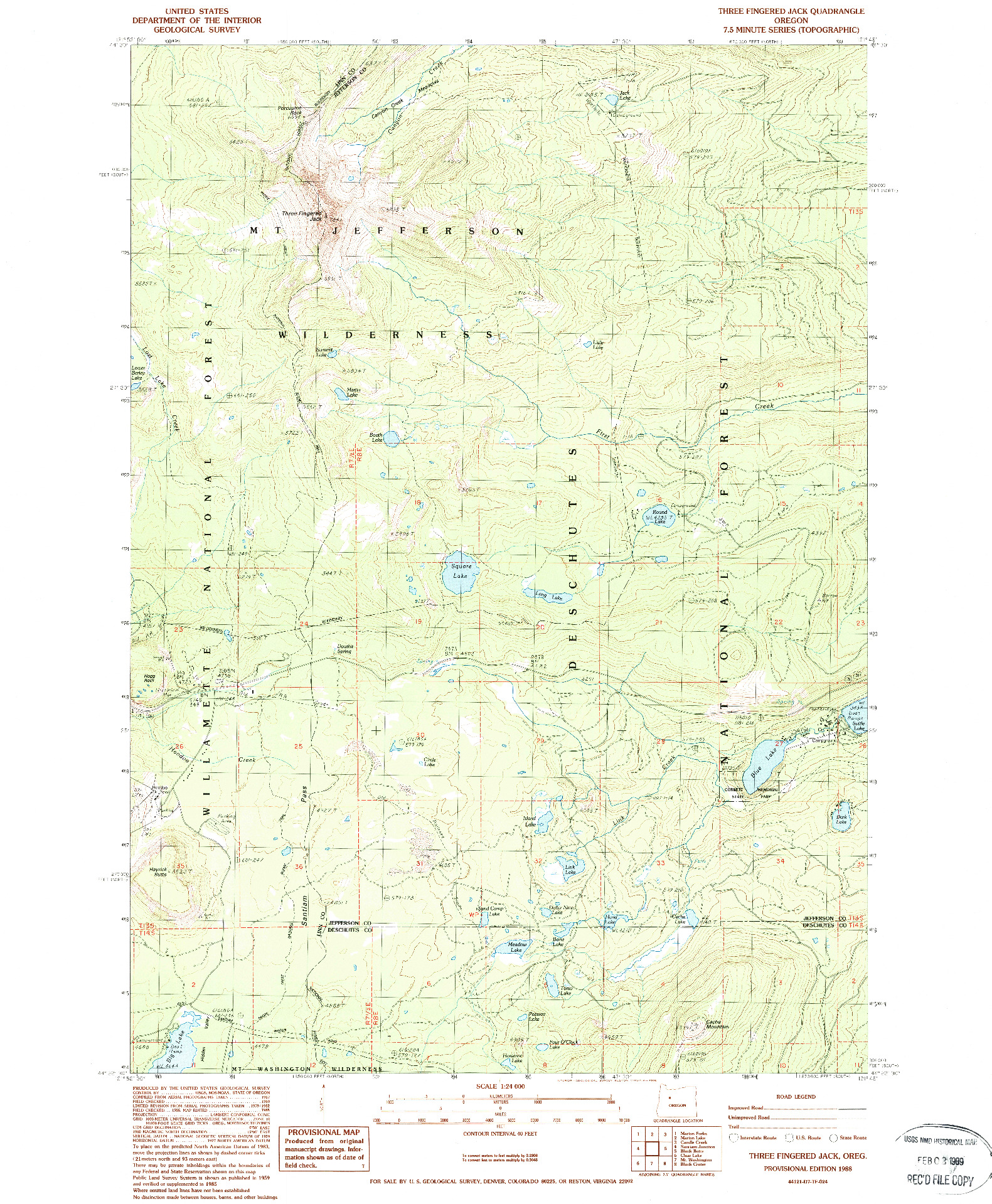 USGS 1:24000-SCALE QUADRANGLE FOR THREE FINGERED JACK, OR 1988