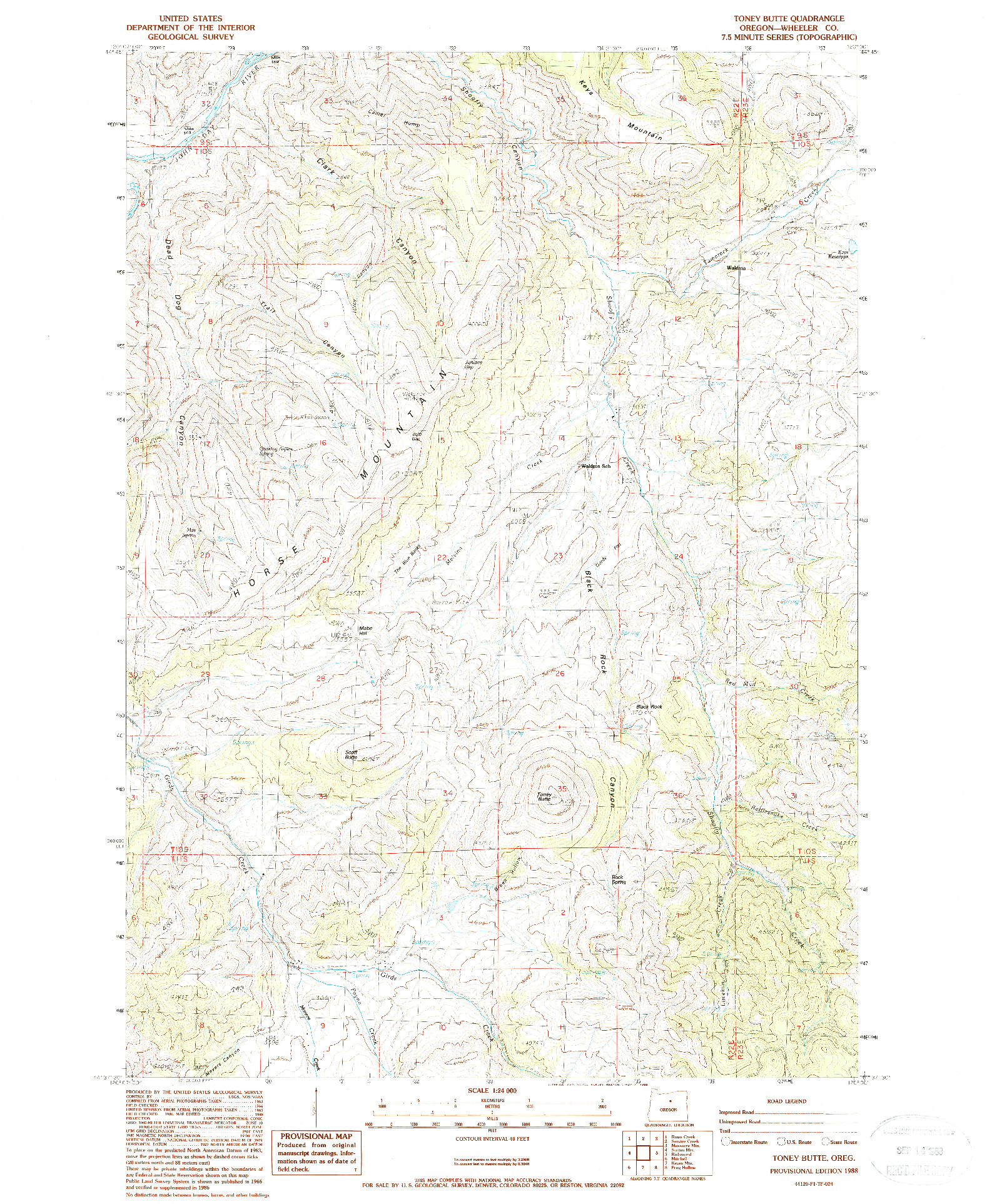 USGS 1:24000-SCALE QUADRANGLE FOR TONEY BUTTE, OR 1988