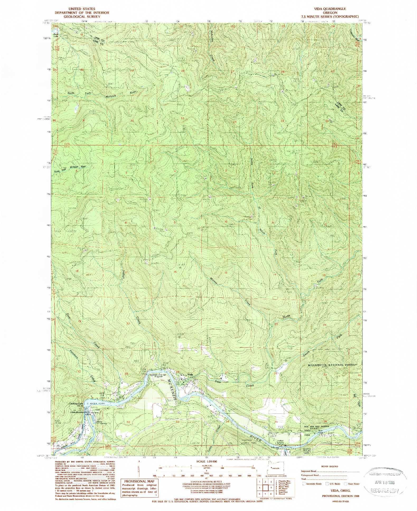 USGS 1:24000-SCALE QUADRANGLE FOR VIDA, OR 1988
