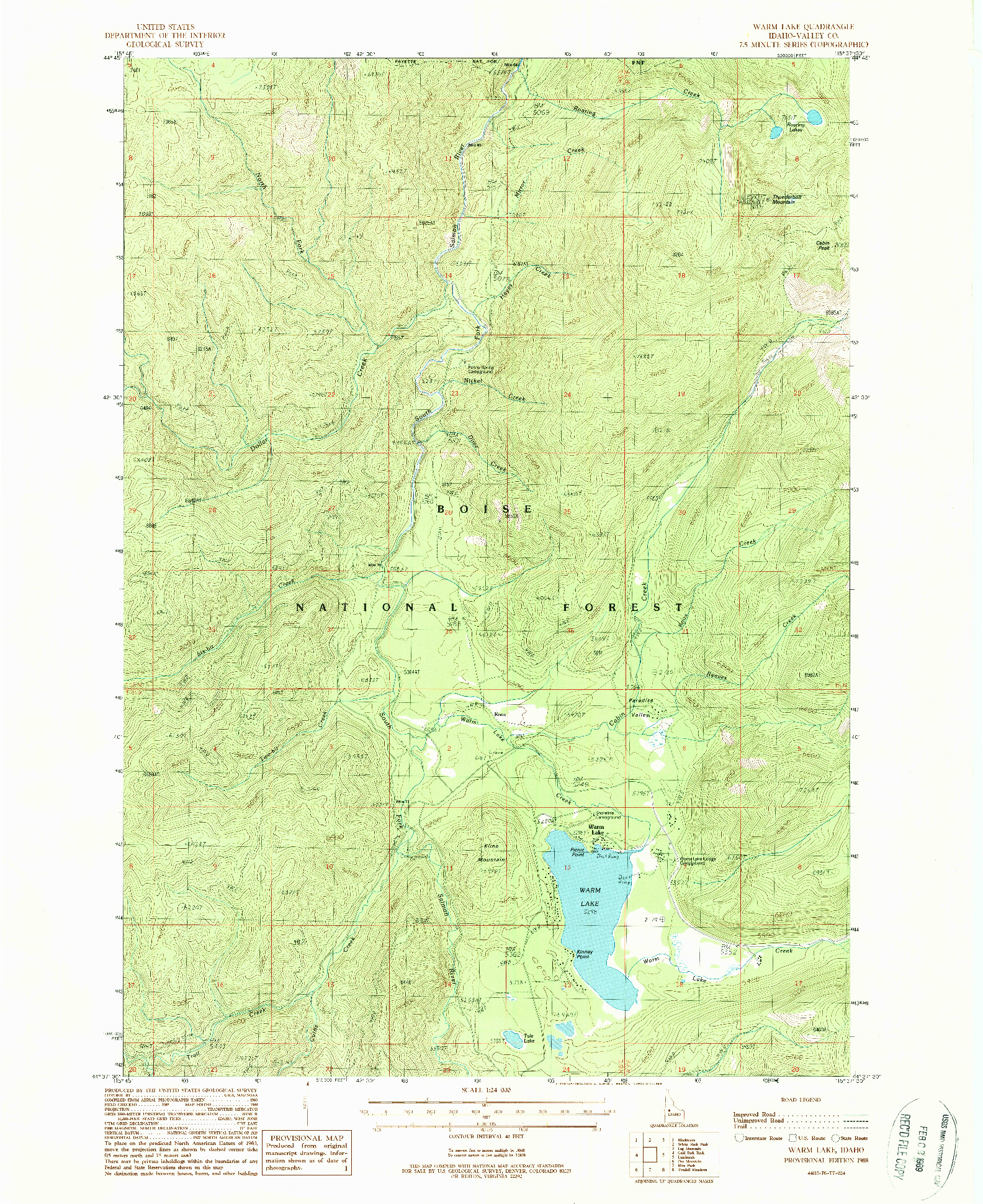 USGS 1:24000-SCALE QUADRANGLE FOR WARM LAKE, ID 1988