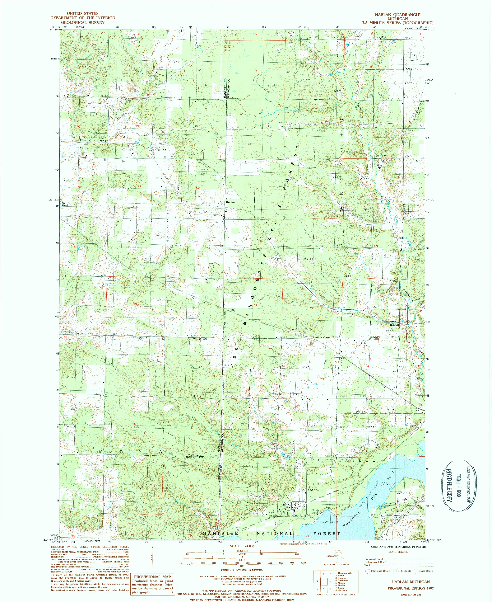 USGS 1:24000-SCALE QUADRANGLE FOR HARLAN, MI 1987