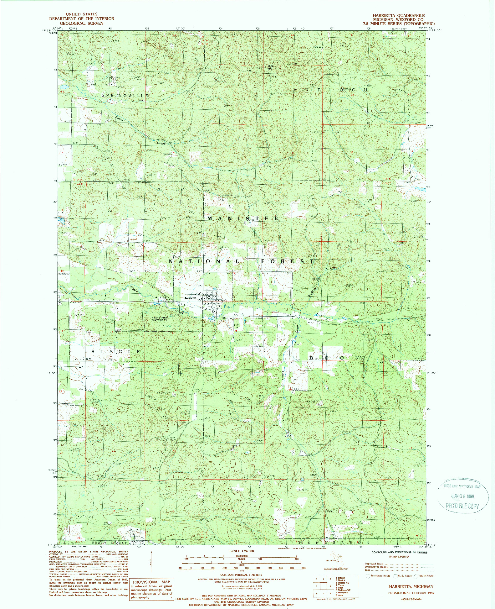 USGS 1:24000-SCALE QUADRANGLE FOR HARRIETTA, MI 1987