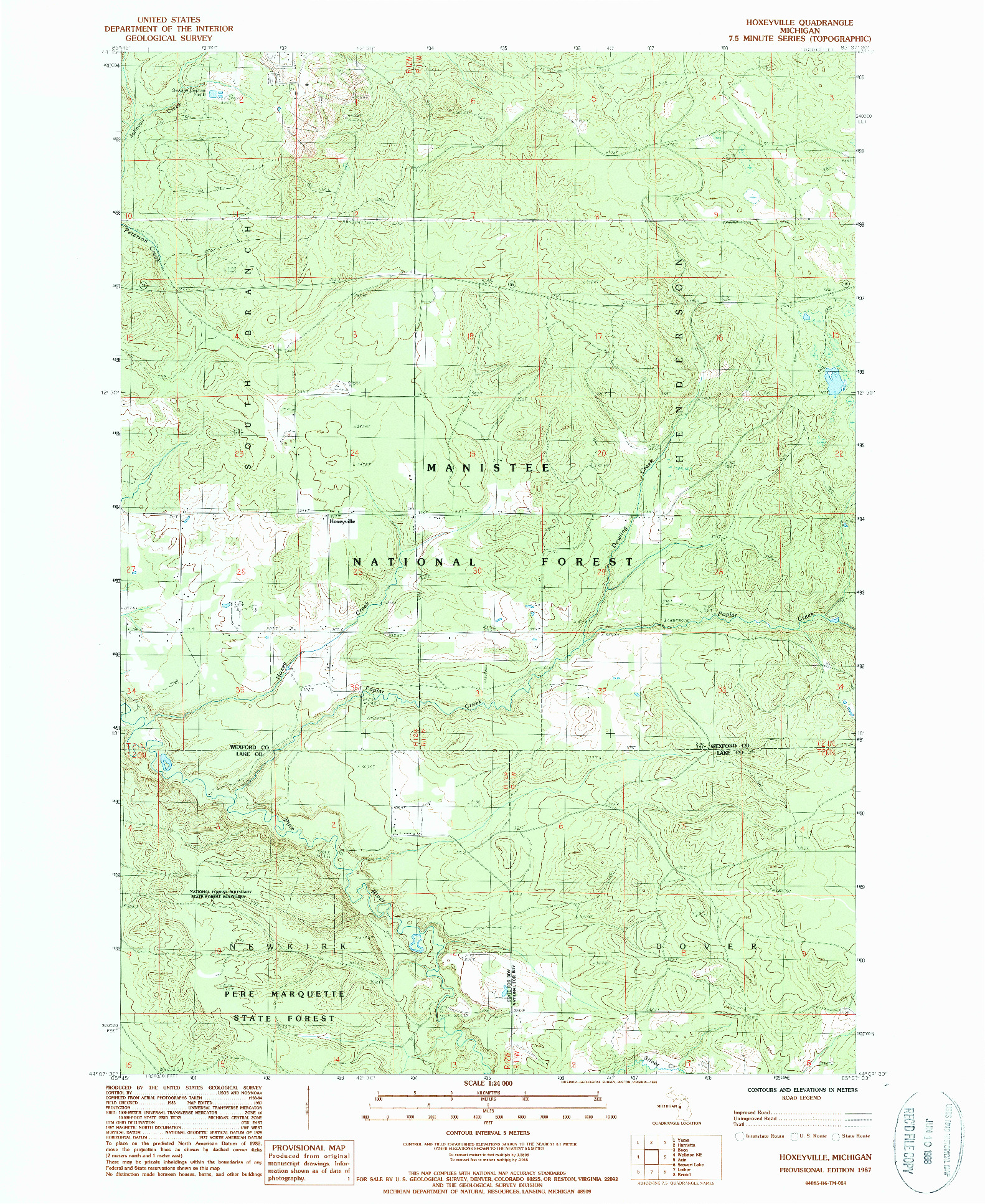 USGS 1:24000-SCALE QUADRANGLE FOR HOXEYVILLE, MI 1987