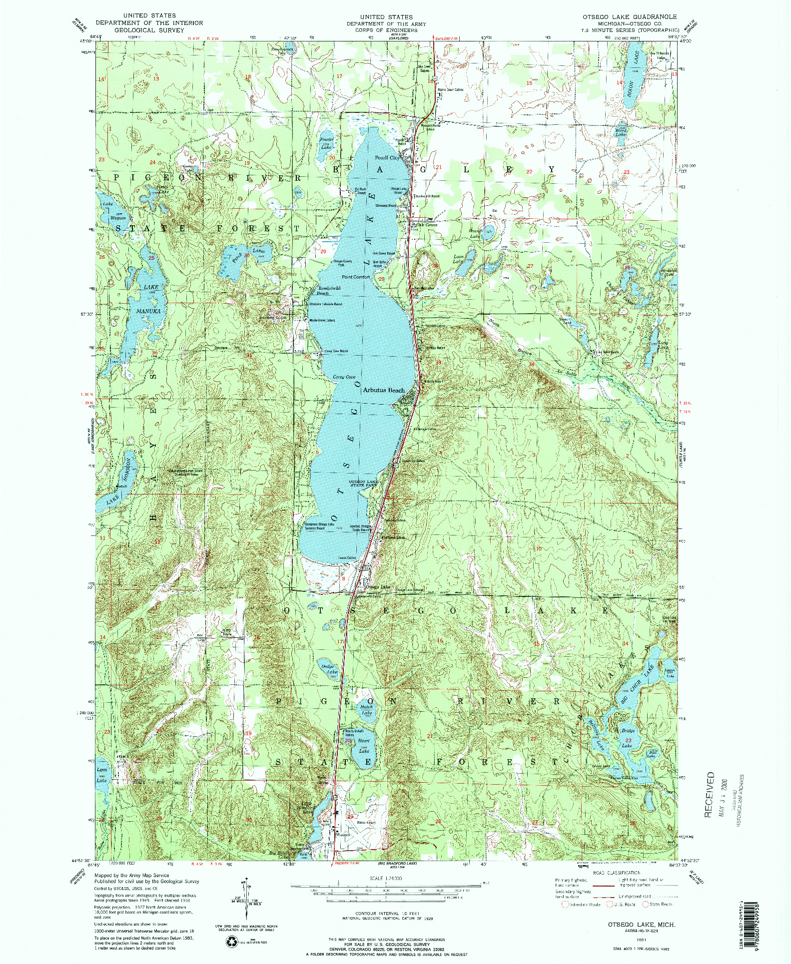 USGS 1:24000-SCALE QUADRANGLE FOR OTSEGO LAKE, MI 1951