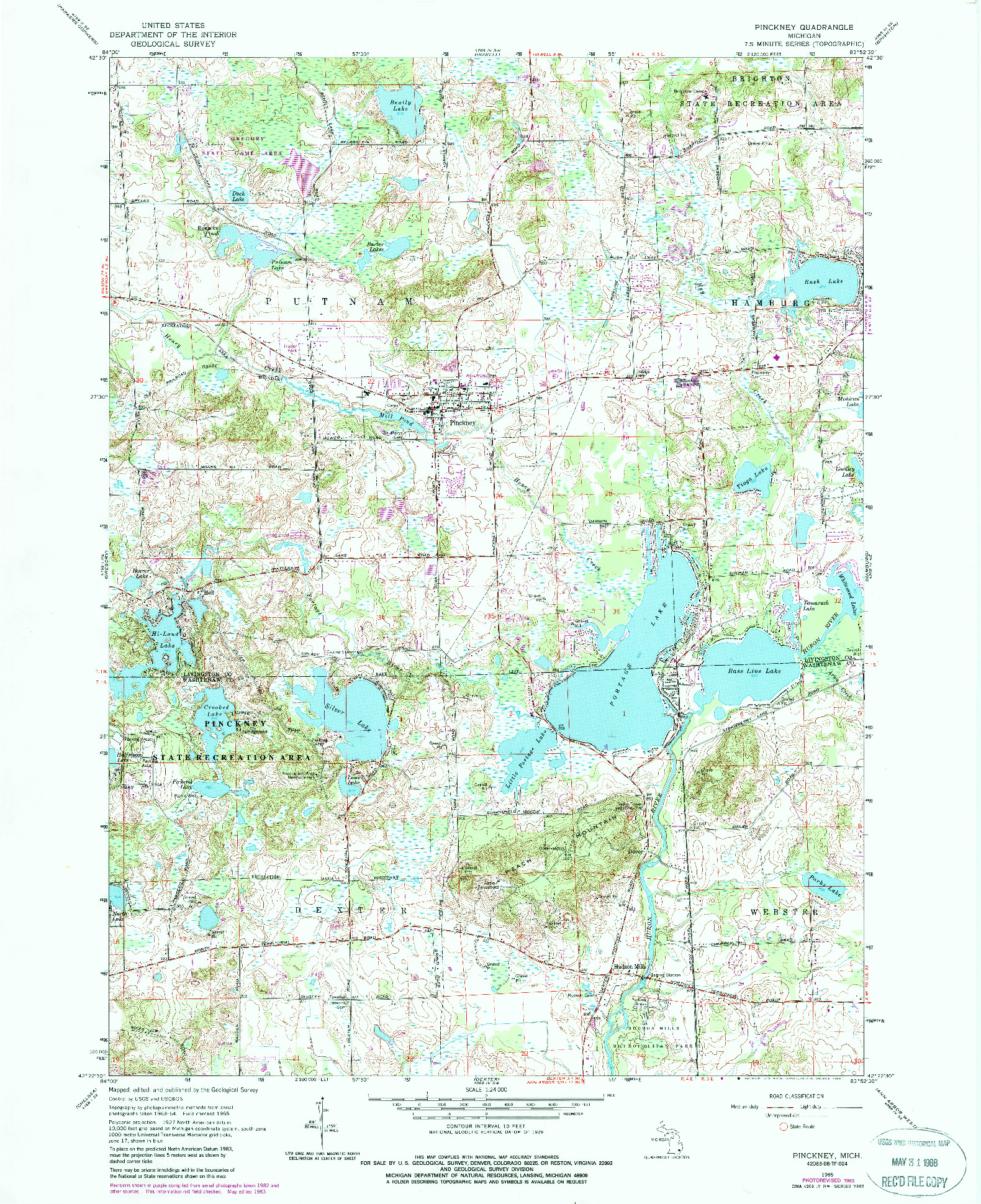 USGS 1:24000-SCALE QUADRANGLE FOR PINCKNEY, MI 1965