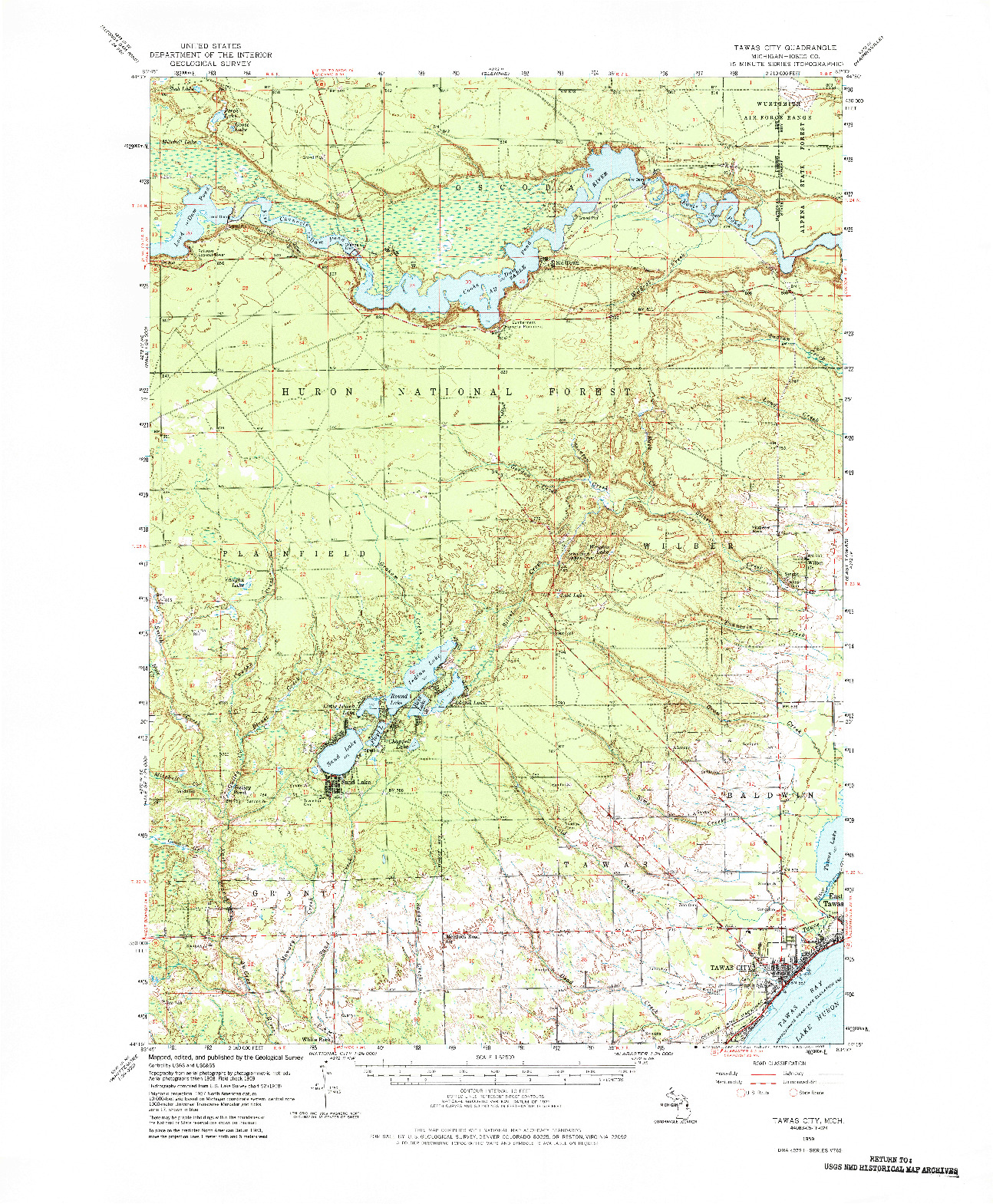 USGS 1:62500-SCALE QUADRANGLE FOR TAWAS CITY, MI 1959