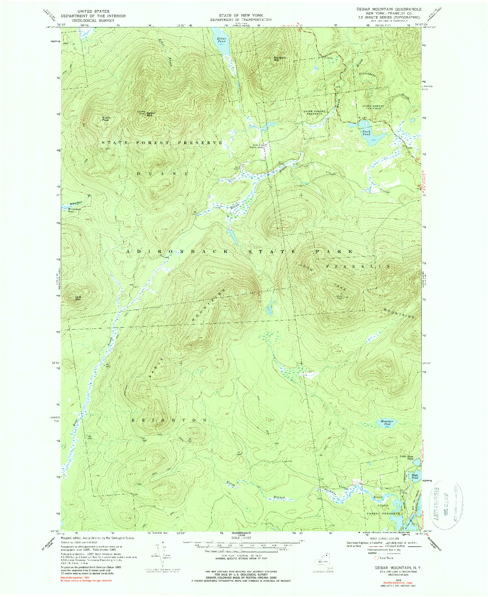 USGS 1:24000-SCALE QUADRANGLE FOR DEBAR MOUNTAIN, NY 1968