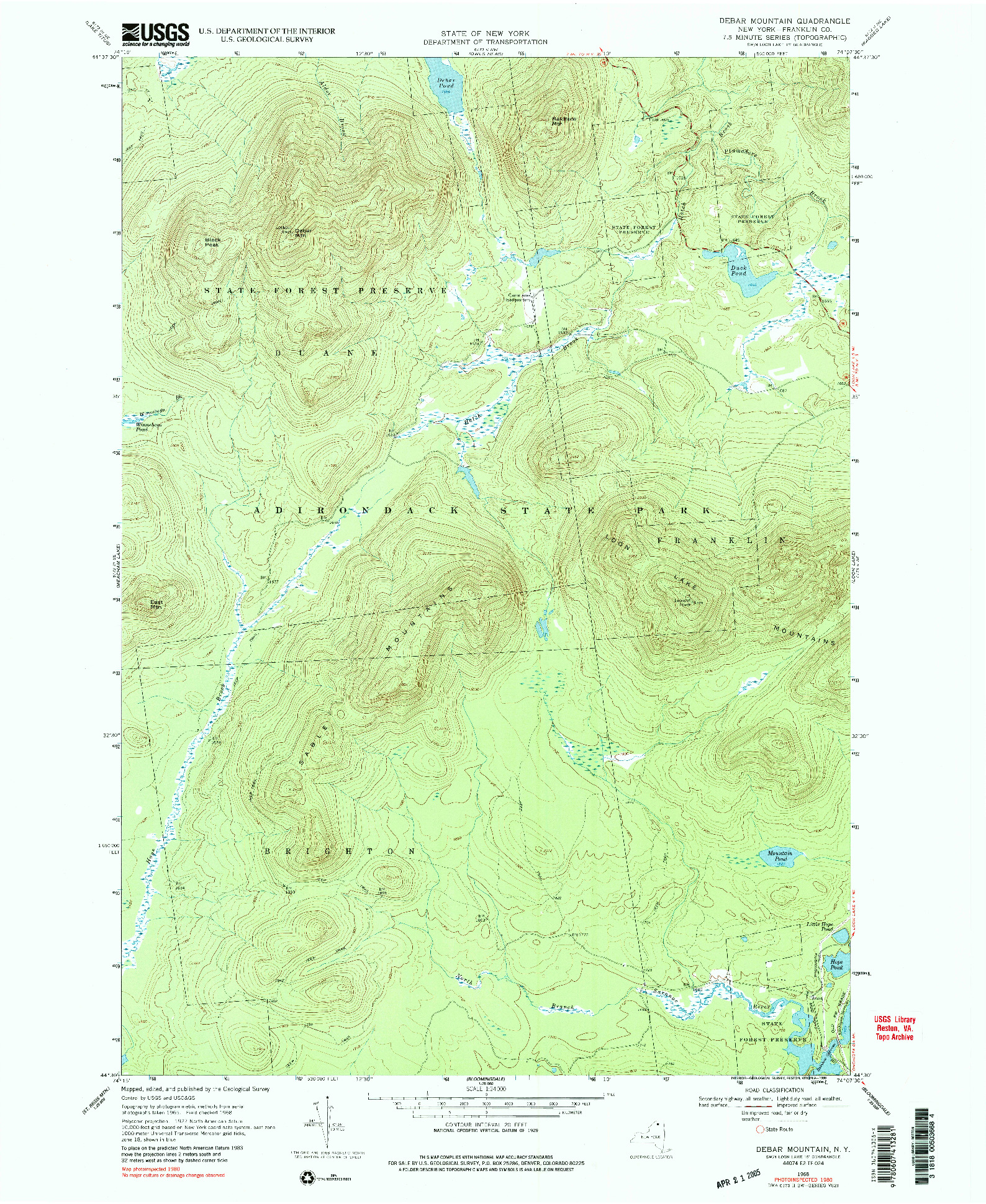 USGS 1:24000-SCALE QUADRANGLE FOR DEBAR MOUNTAIN, NY 1968